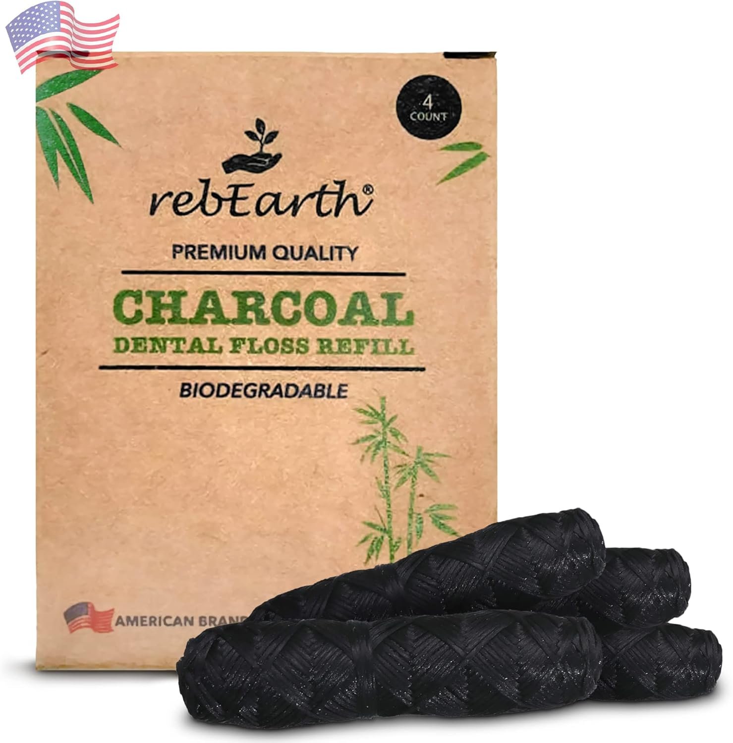 rebEarth Bamboo Charcoal Floss Refill 4-Pack — 30m Mint Floss Each (120m Total) — Reload Your Existing Glass Container — Plastic-Free, Zero Waste, Shred Resistant Dental Floss