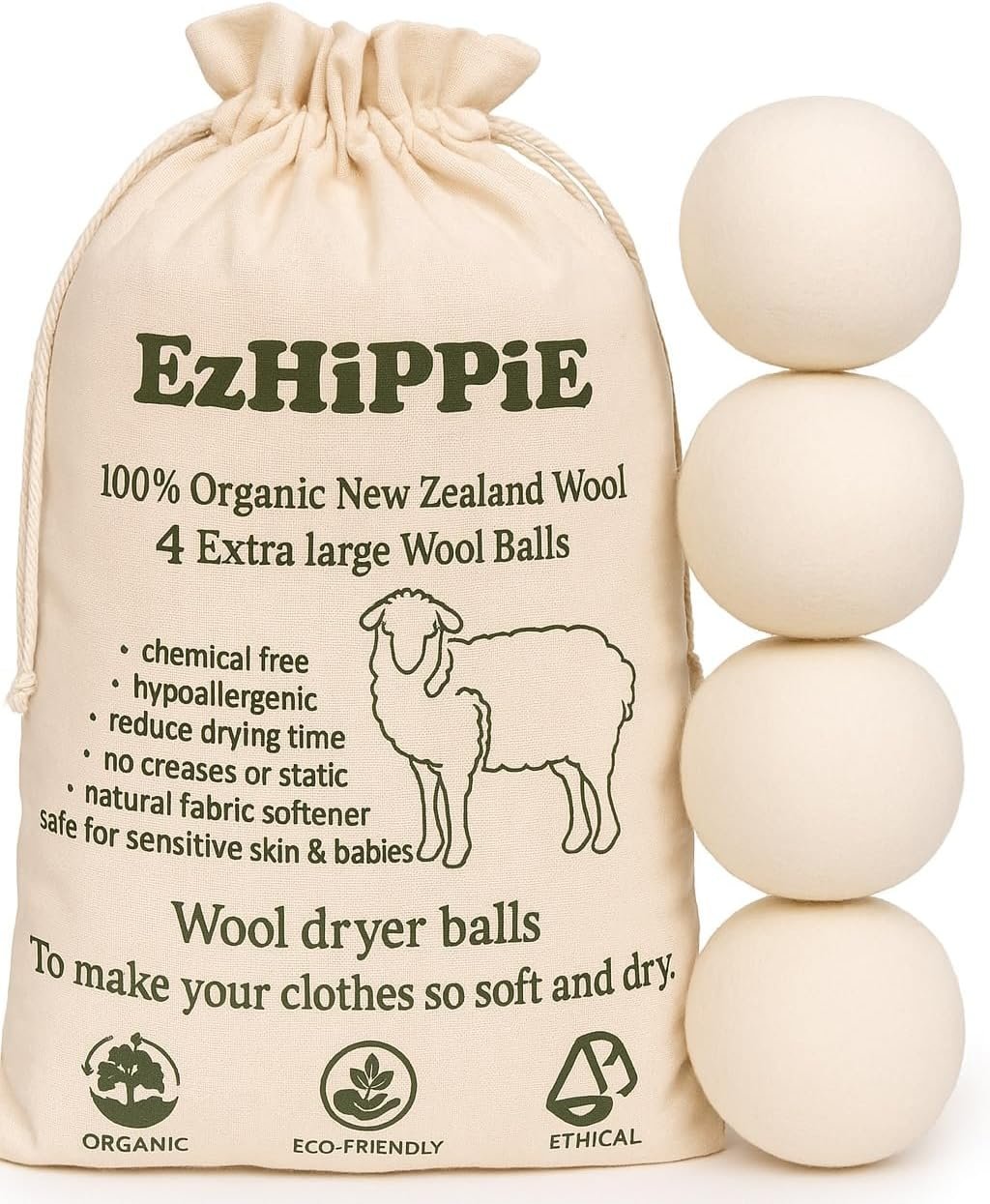 Ezhippie Quality Wool Dryer Balls – 4 XL Pack – 1000+ Loads – Pure Organic Wool – Reusable Natural Fabric Softener Perfect with Essential Oils, Reduce Clothing Static and Wrinkles