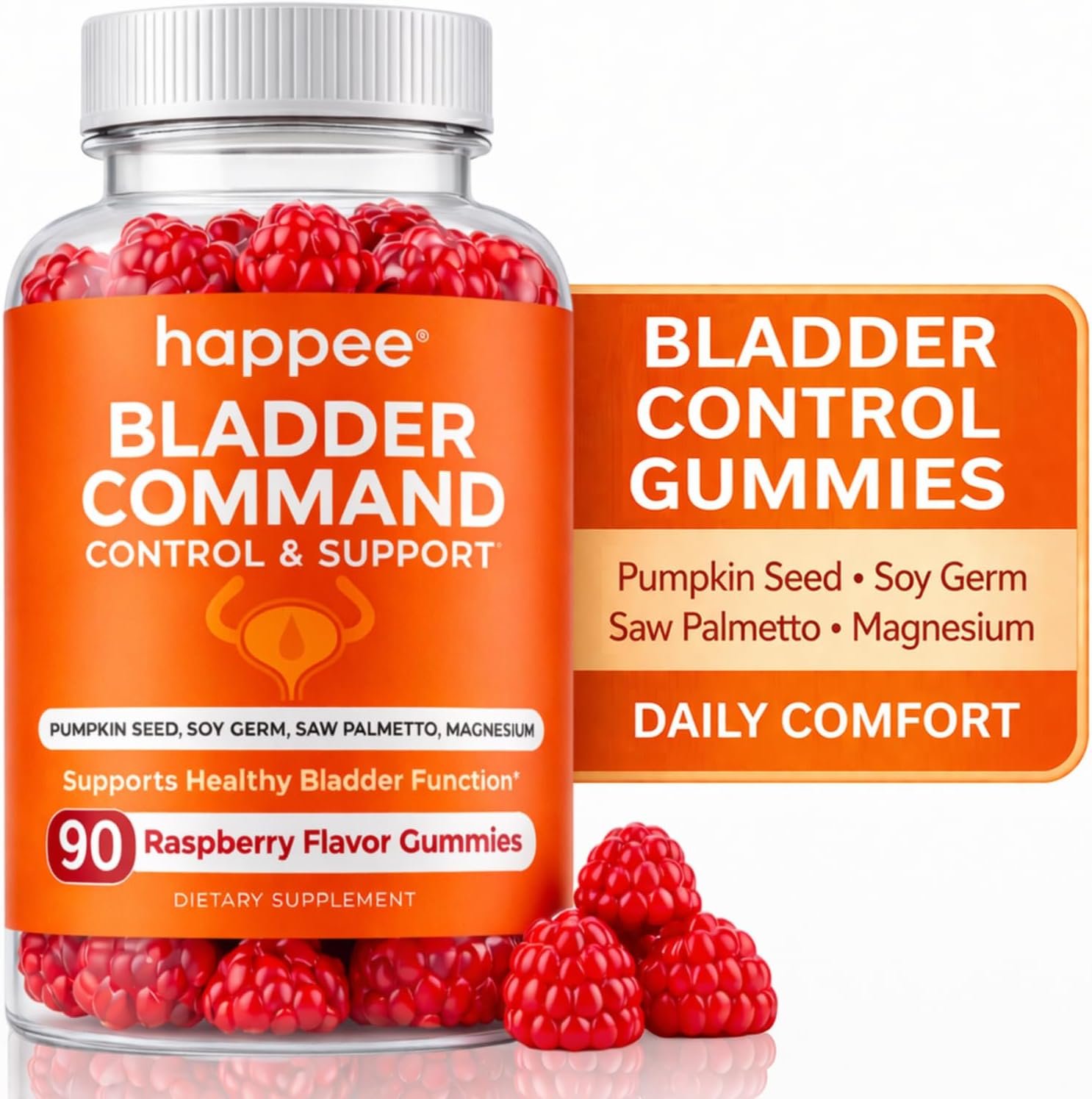 Happee Bladder Control Gummies Supplement for Women & Men – Day & Night Support – Raspberry Flavor – 90 Count