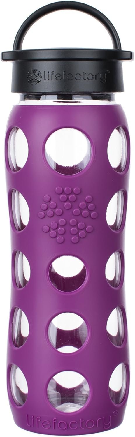 Lifefactory 22-Ounce BPA-Free Glass Water Bottle with Classic Cap and Protective Silicone Sleeve, Plum