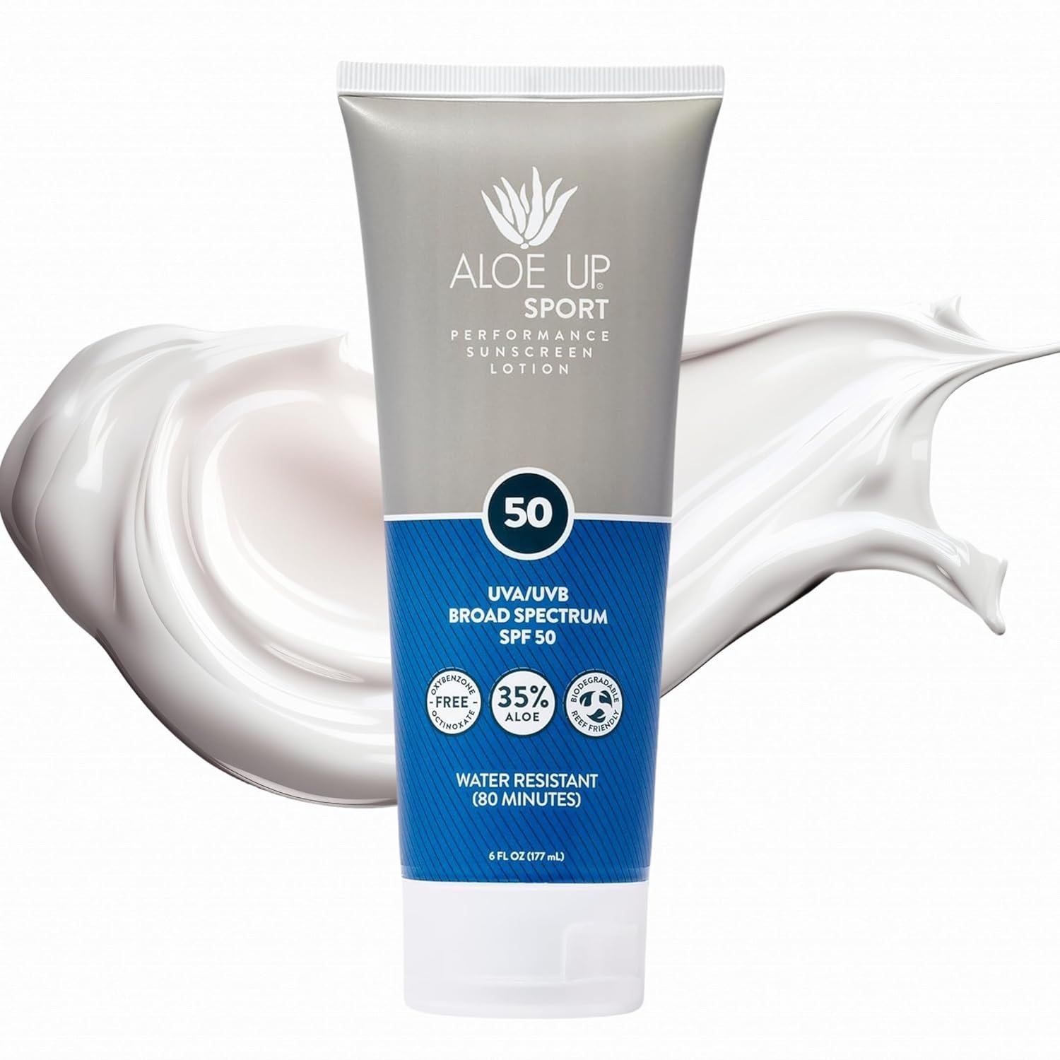 Aloe Up Sport Sunscreen Lotion SPF 50 – Broad Spectrum UVA/UVB Sunscreen Protector for Face and Body – With Hydrating Aloe Vera Gel – Non-Greasy – No White Cast – Reef Safe – Fragrance-Free – 6 Oz.