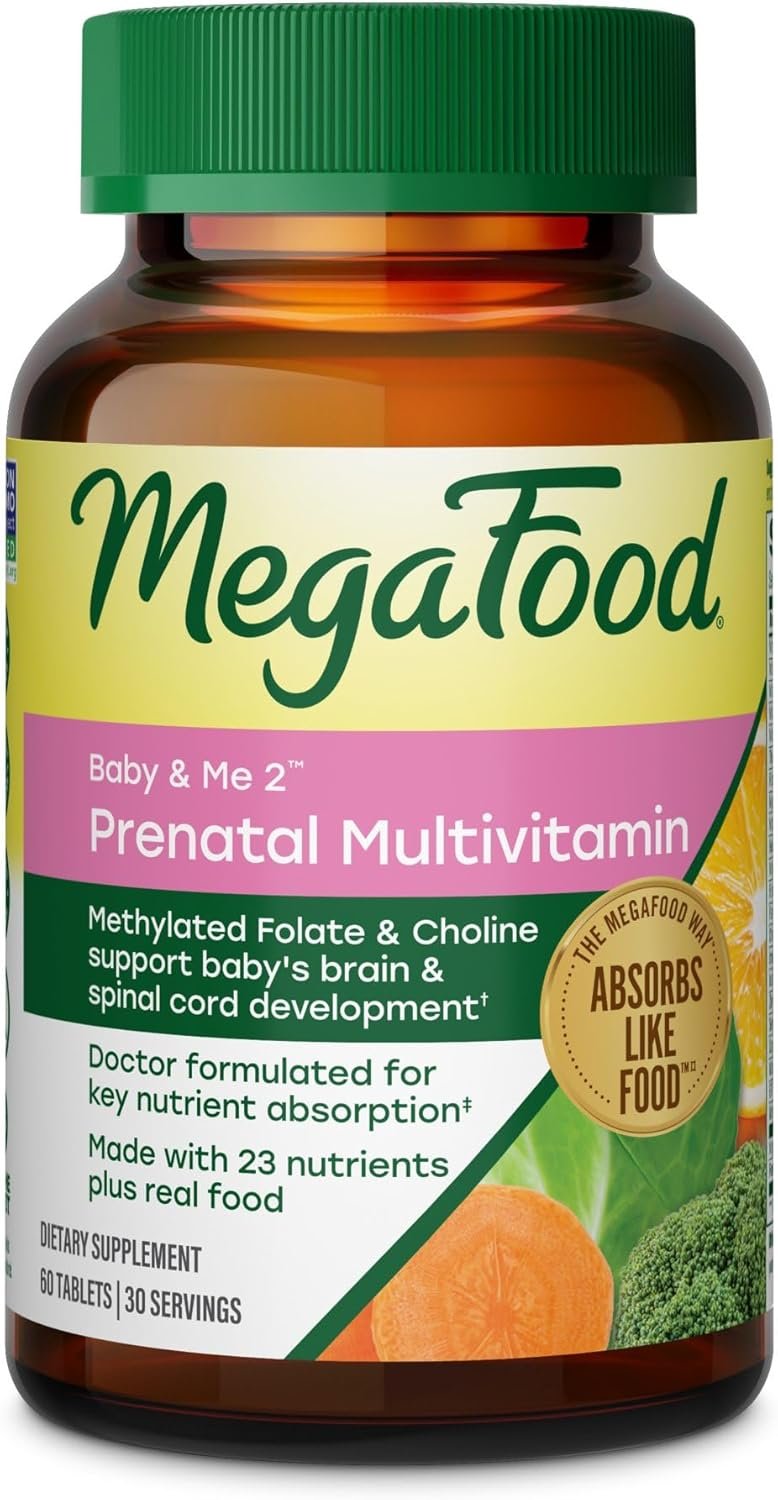 MegaFood Baby & Me 2 Prenatal Vitamin and Minerals – Vitamins for Women – with Folate (Folic Acid Natural Form), Choline, Iron, Iodine, and Vitamin C, Vitamin D and more – 60 Tabs (30 Servings)