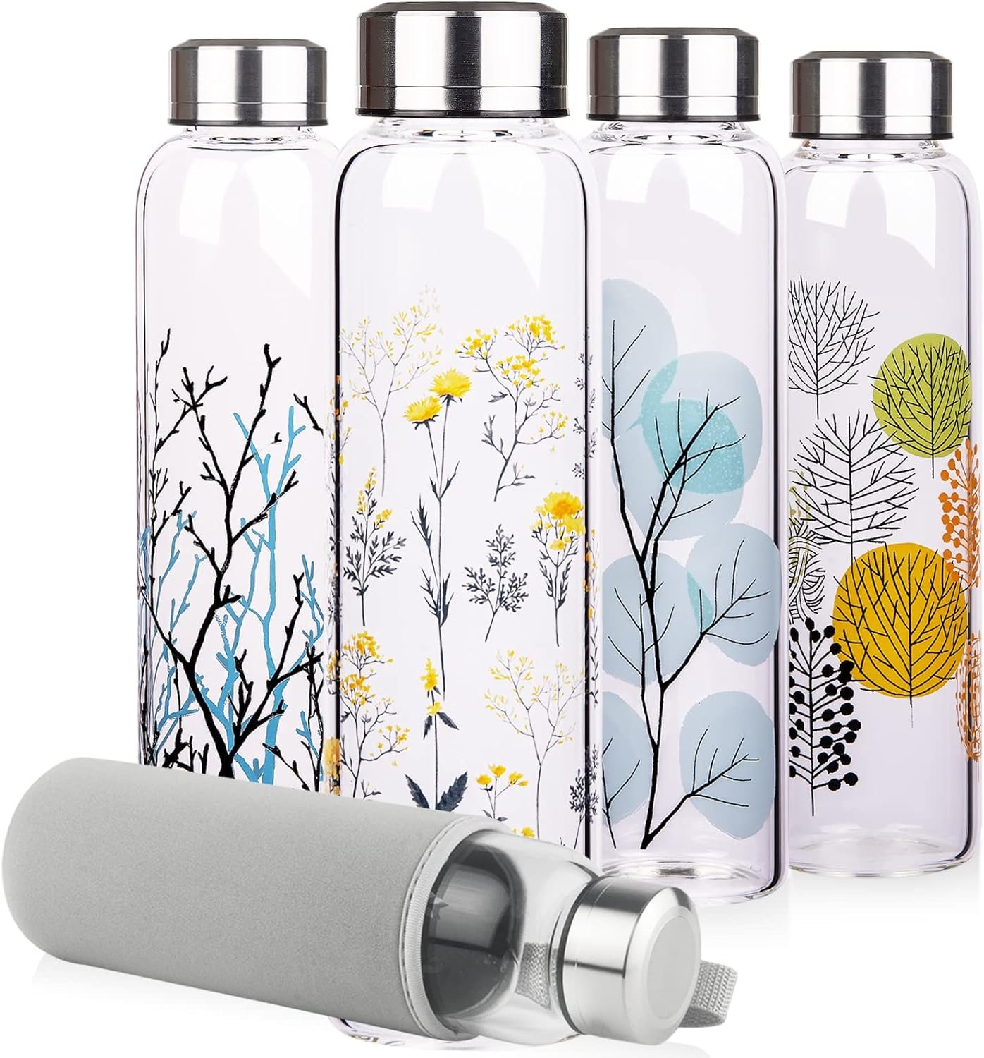 Borosilicate Glass Water Bottle, Sports Glass Drinking Bottle with Neoprene Sleeve and Stainless Steel Lid 16oz / 32oz (16oz, Blooming Branches)