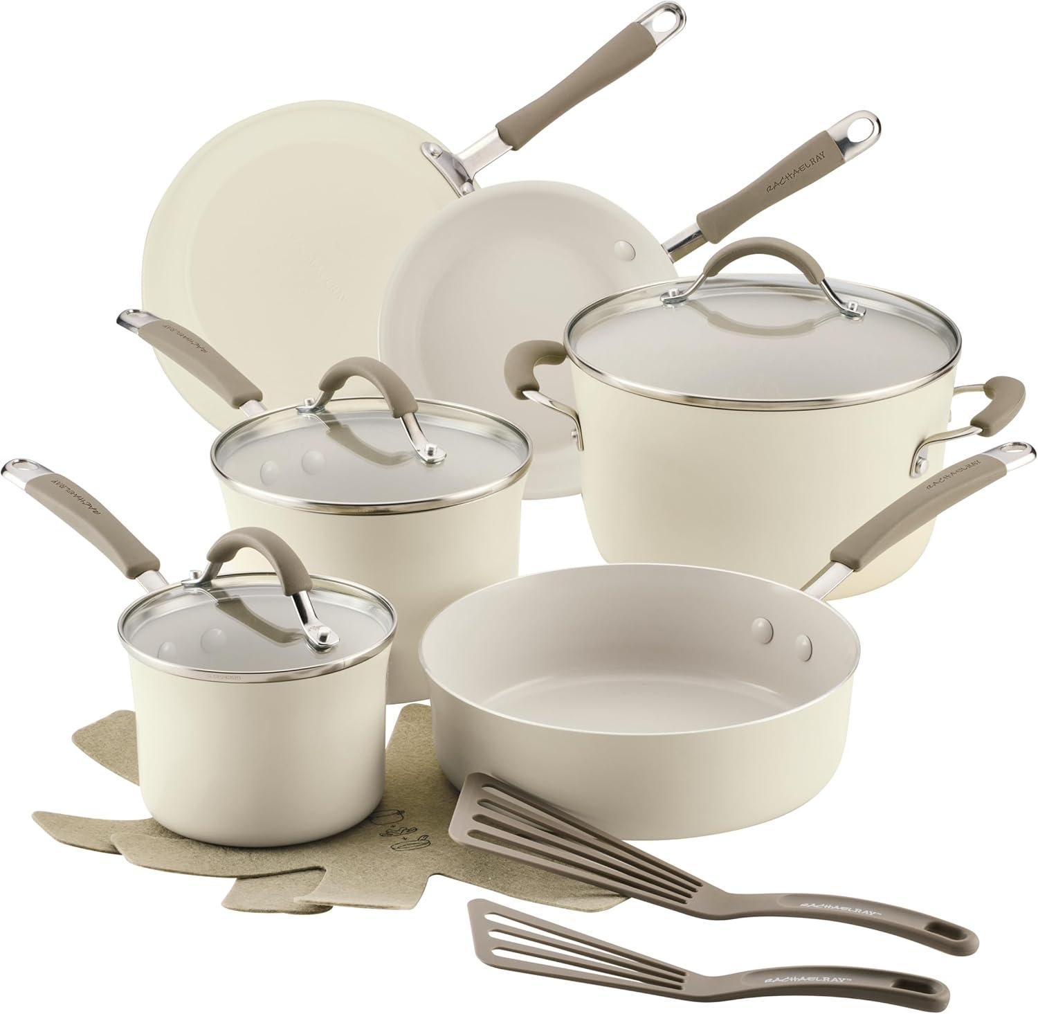 Rachael Ray Cucina Ceramic Cookware Set – 13 Pieces – Ceramic Pots and Pans Set w/Nonstick Frying Pans, Saute Pan, Saucepans, Stockpot, Lids, Pan Protectors & Cooking Utensils – Almond