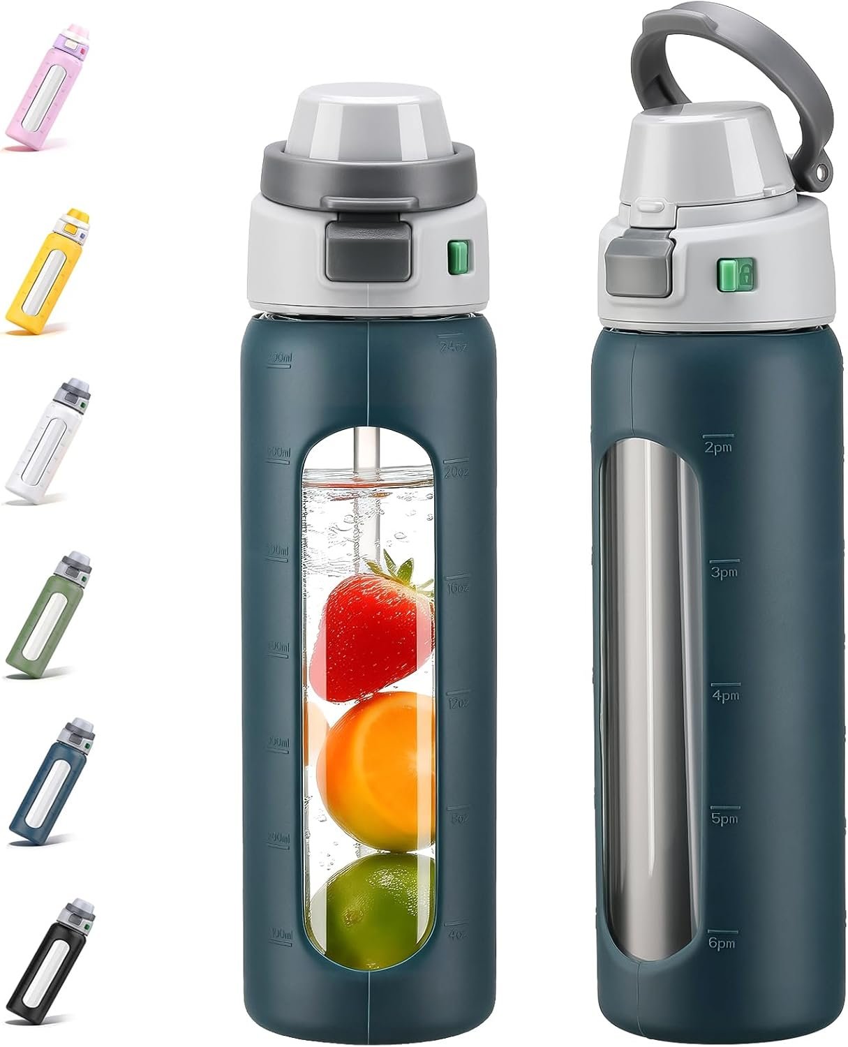 MUKOKO 2-in-1 Borosilicate Glass Water Bottle with Straw for Sports and Travel, 24oz Drinking Bottle with Silicone Sleeve, BPA Free, Leak Proof, Dark Blue