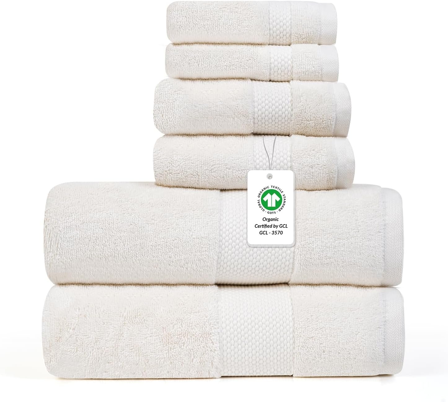 Farm to Home 100% Organic Bath Towel Set of 6 – GOTS & Oeko-TEX Certified Organic Cotton, Soft, Ultra Absorbent, Quick Dry – Includes 2 Bath Towels, 2 Hand Towels, 2 Washcloths – Pearl