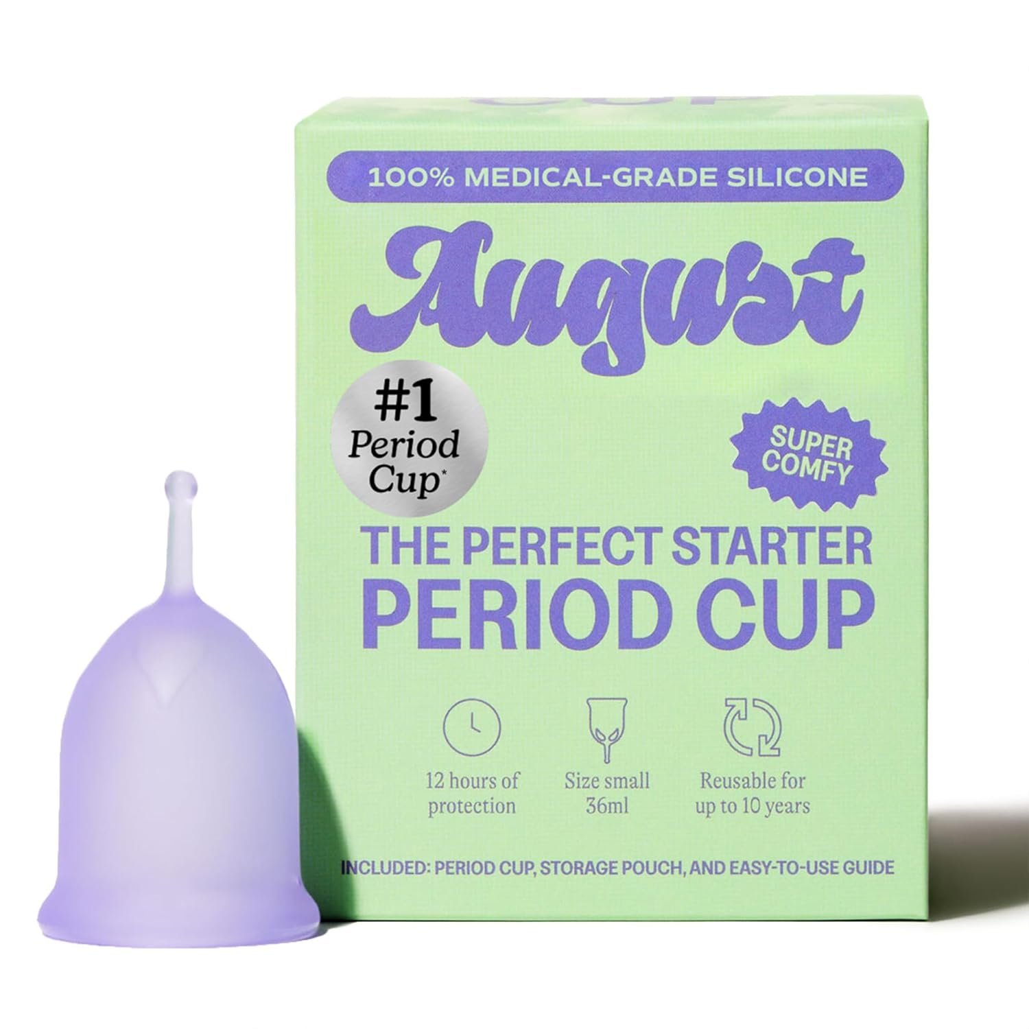 August Period Cup for Women – 36 mL Capacity, 8-12h Protection, Flexible, Soft Silicone Menstrual Cups with Cotton-Sateen Pouch, Reusable and Beginner-Friendly with Easy Step-by-Step Guide
