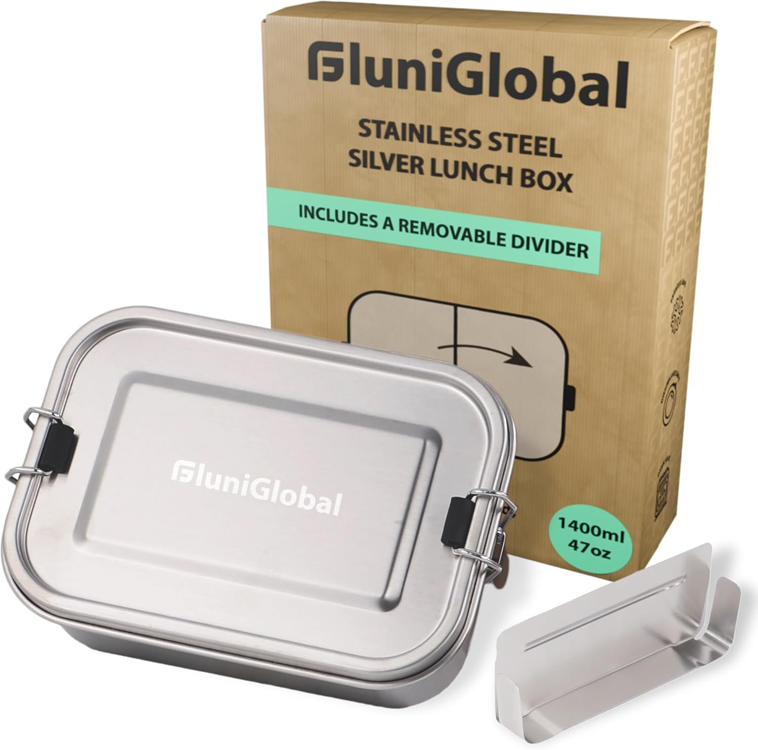 Large Stainless Steel Lunch Box for Adults | 47 oz | Leak Proof with Silicone Locks | Eco-friendly Metal Container for Travel | Removable Divider | Silver