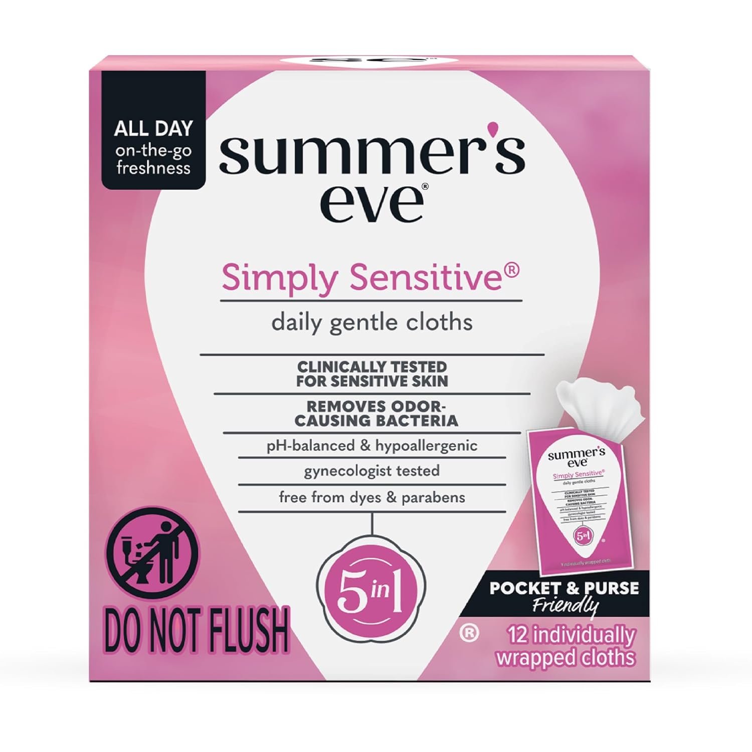 Summer’s Eve Simply Sensitive Feminine Wipes, Gentle pH-Balanced Micellar Water Based Formula Helps Control Vaginal Odor, Individually Wrapped Wipes, 12 Count