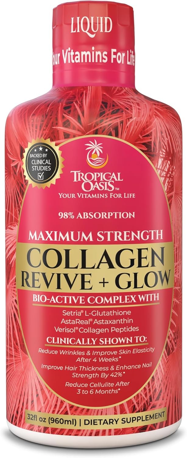 Tropical Oasis Liquid Collagen Glow for Women & Men | 5000mg VERISOL Collagen Peptides + 12500mcg Biotin | Clinically Tested for Thicker Hair, Brighter Skin, Wrinkles & Stronger Nails | 32 Serv