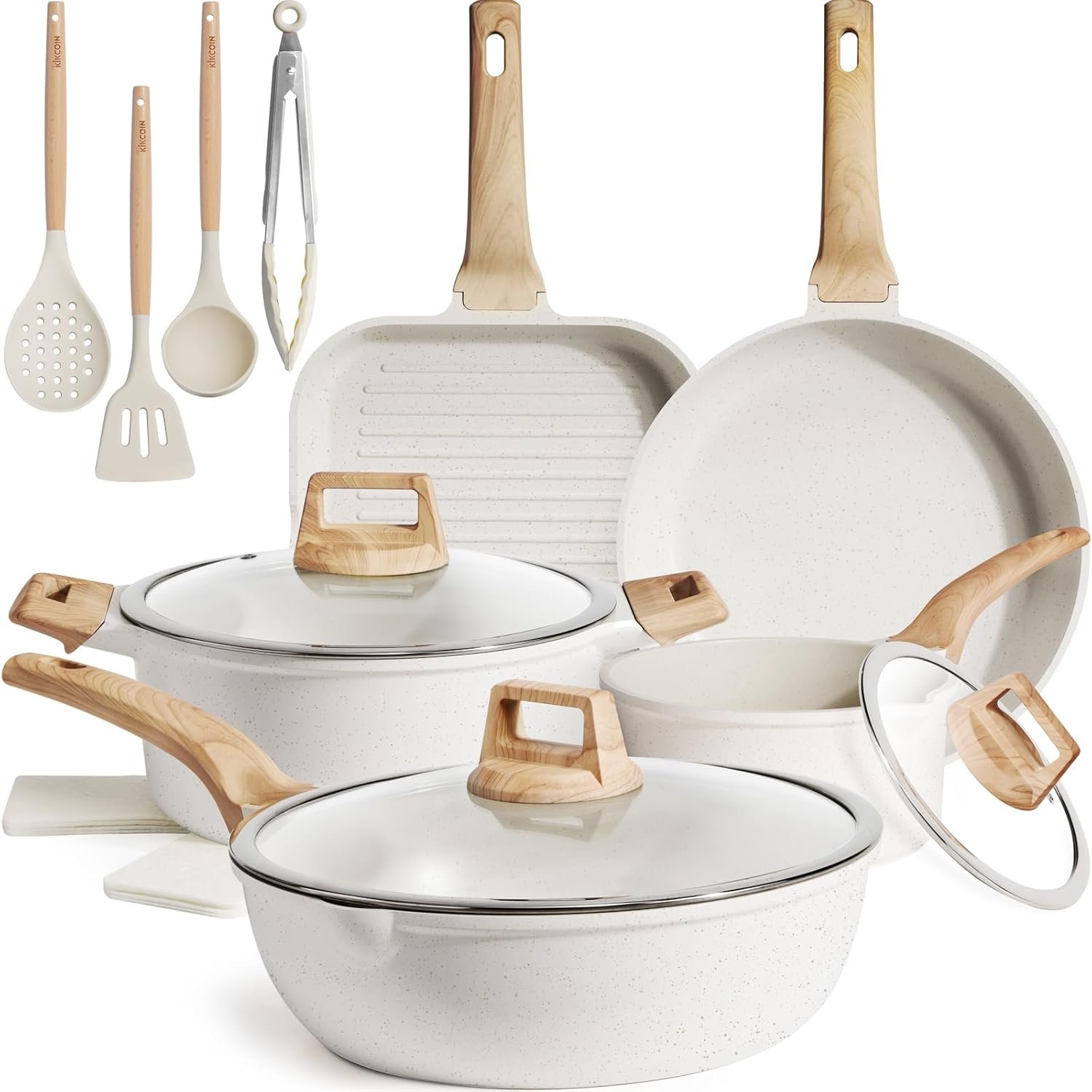 Kikcoin 16Pcs Ceramic Pots and Pans Set Non Stick, Includes a 9.5″ Grill Pan, Induction Kitchen Cookware Sets, White Nonstick RV Kitchen Camping Cooking Sets Stackable (PTFE, PFOS, PFOA Free)