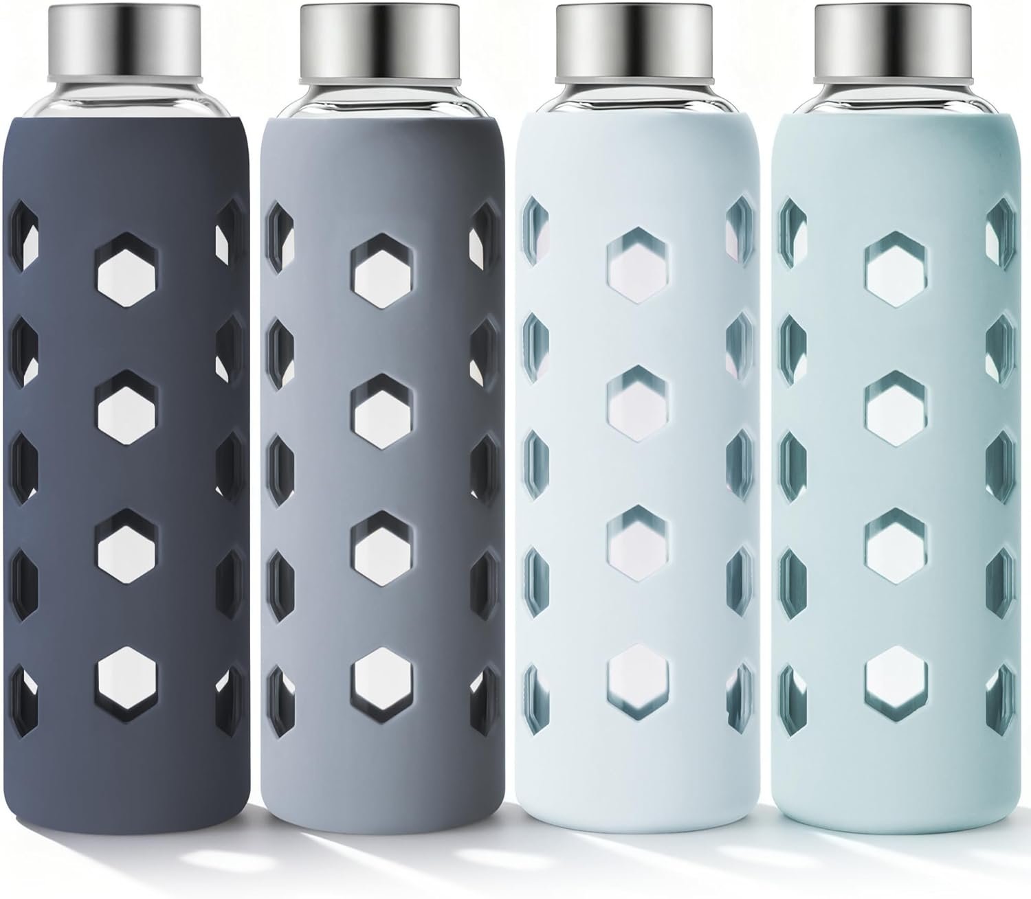 Mrsdry Glass Juice Bottles with Lids and Silicone Sleeves 18 oz, 4-Pack Reusable Clear Glass Water Bottles with Stainless Steel Airtight Cap for Juicing, Refrigerator, BPA Free Leak-Proof Drinking Jar