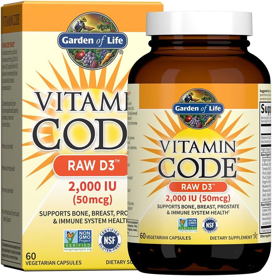 Garden of Life Vitamin D, Vitamin Code Raw D3, Vitamin D 2,000 IU, Raw Whole Food D3 Supplements with Chlorella, Fruit, Veggies & Probiotics for Bone & Immune Health, 60 Vegetarian Capsules