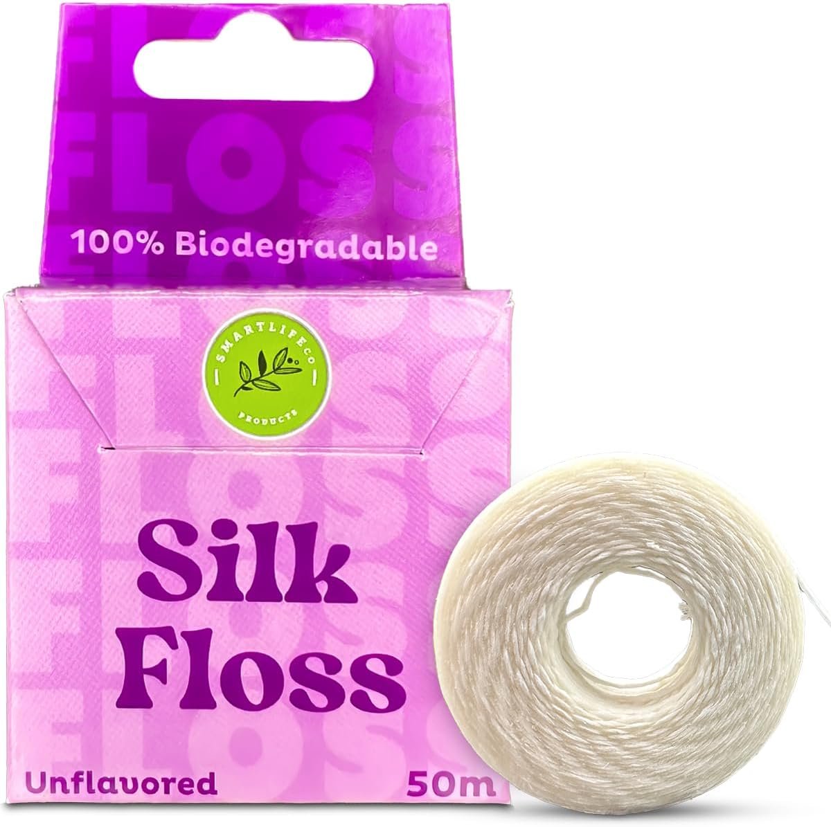 Vegan Silk Dental Floss – Biodegradable Plastic Free Bamboo String | Zero Waste Eco-Friendly Oral Care | Natural Compostable for Adults & Kids Tight Teeth | Soft Easy Glide – Unflavored 55yds