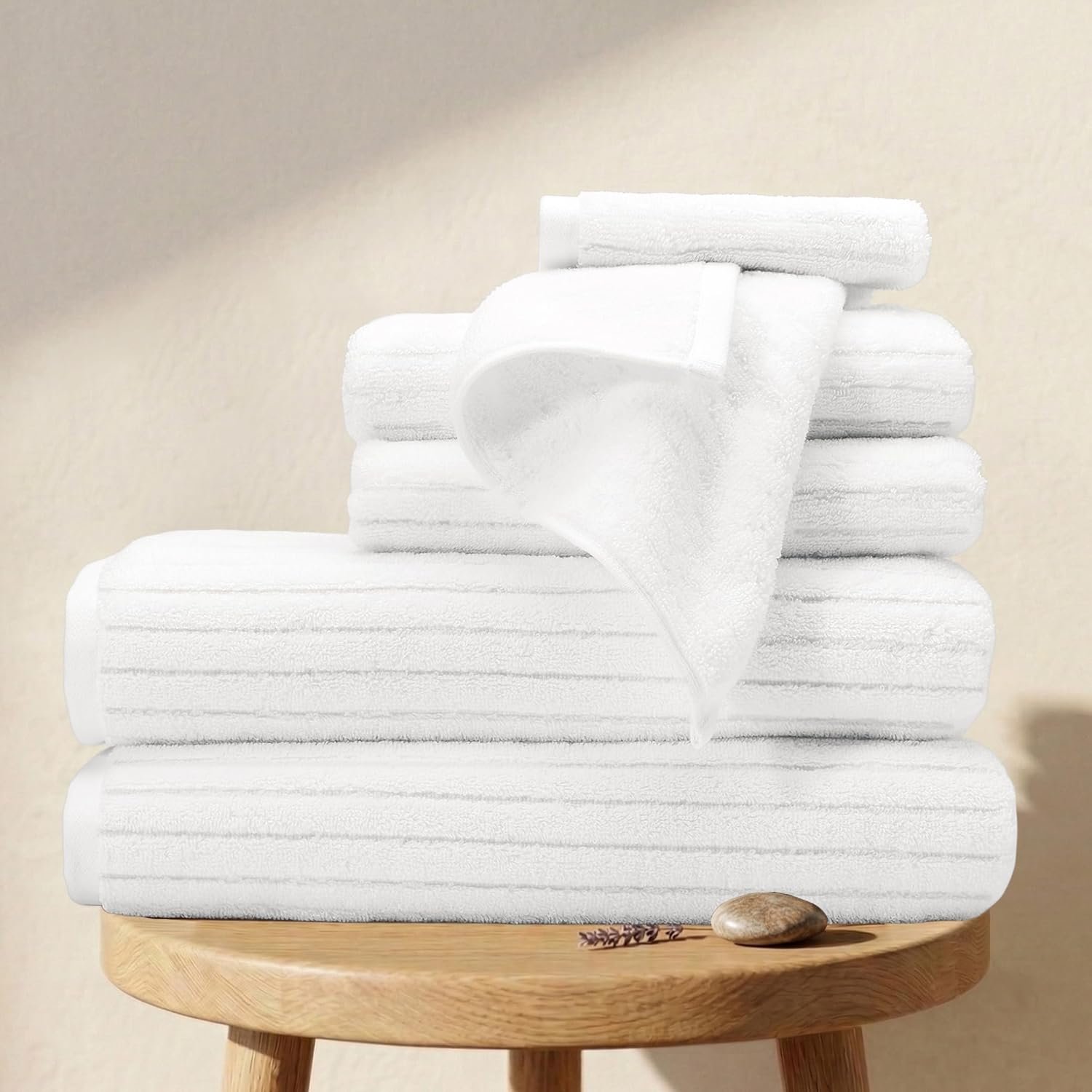 BIOWEAVES 100% Organic Cotton 6-Piece Luxury Bathroom Ribbed Towel Set GOTS Certified 700 GSM, 2 Bath Towel, 2 Hand Towel & 2 Wash Cloths – White