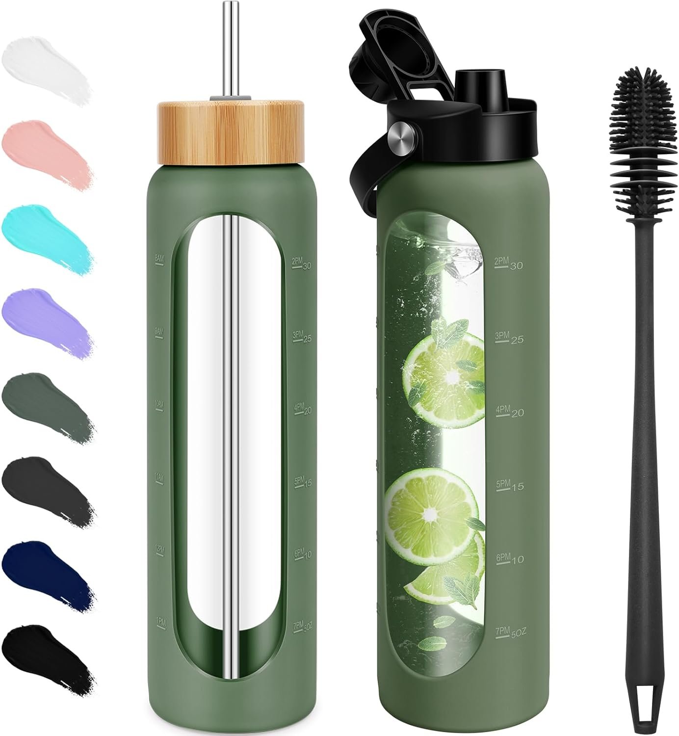 FULBEVY 32 oz Glass Water Bottles – 1 Liter Motivational Tumbler With Time Marker – Borosilicate Glass With Silicone Sleeve and 2 Lids, Handle Spout & Bamboo Straw Lid