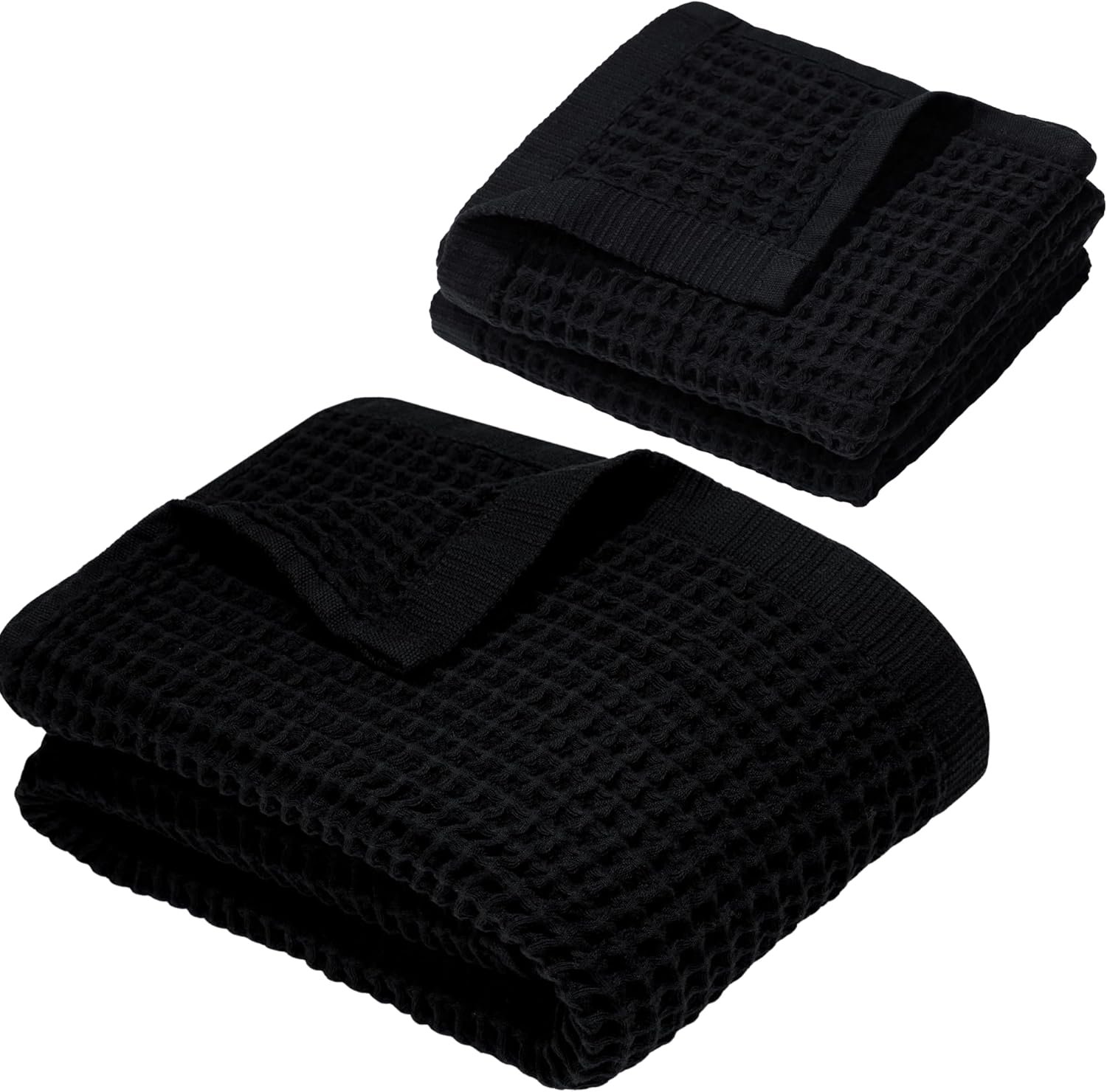 DEMMEX Organic Cotton Waffle Weave Turkish Towel Set for Bathroom, 1 Bath & 2 Large Hand Towels, 100% Oeko-TEX Certified Premium Turkish Cotton, Super Soft Lightweight Quick Dry (Jet Black)