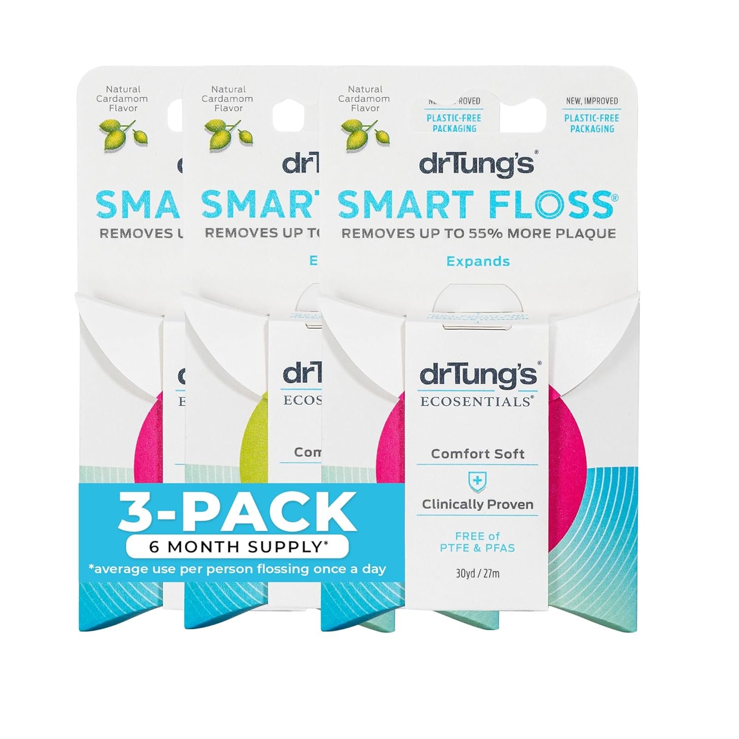 DrTung’s Smart Floss – Natural, PTFE & PFAS Free Floss, Gentle on Gums, Expands & Stretches, BPA Free Floss – Natural Dental Floss Cardamom Flavor (Pack of 3)