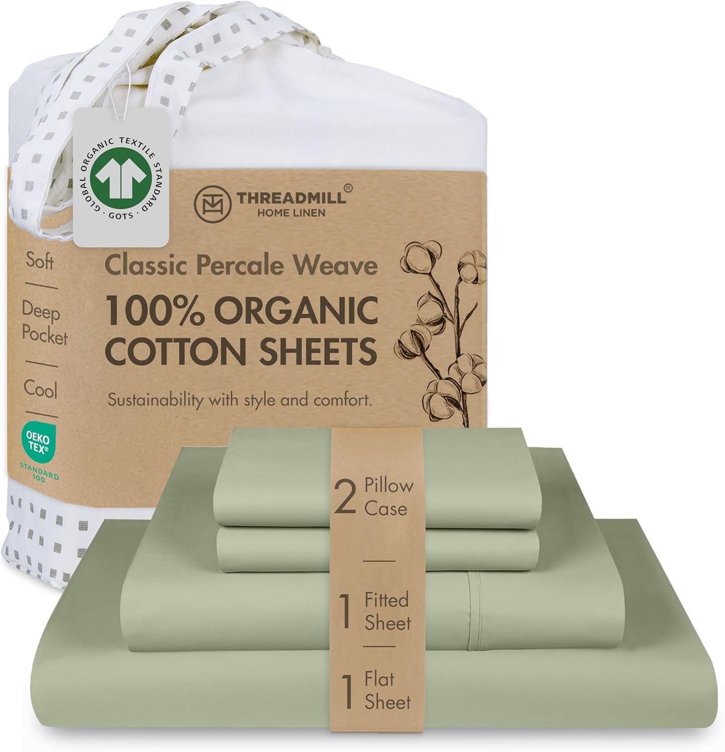 Threadmill 100% Organic Cotton Sheets – Queen, 4 Piece, Sage Green – Certified by GOTS – Soft and Cooling Bedsheet Set with Reusable Bag, Snug Fit with 16″ Deep Pocket – Ultra Light