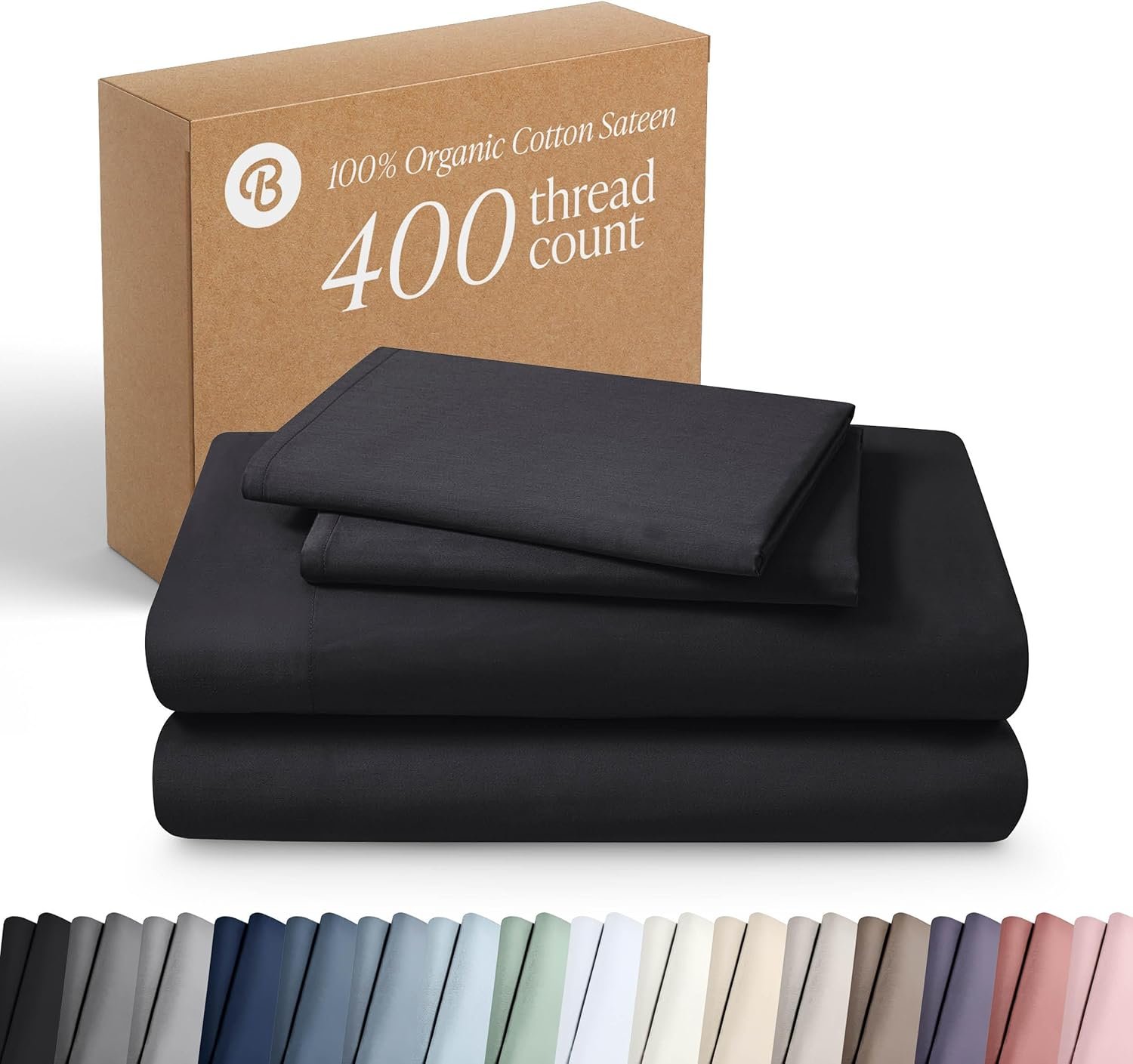 Bare Home 100% Organic Cotton Queen Sheet Set – 400 Thread Count – Smooth Sateen Weave – Breathable & Cooling – Hotel Luxury Set – Deep Pocket Bed Sheets (Queen, Black)