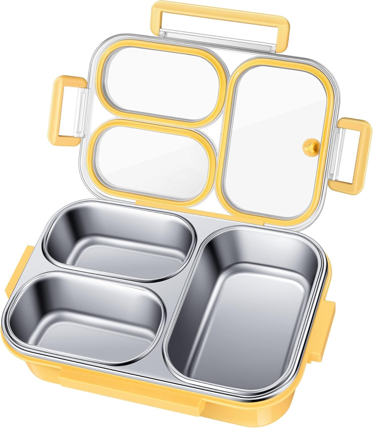 KTKUDY Stainless Steel Bento Box for Kids & Adults – 25 oz – Leakproof 3 Compartment Metal Lunch Container – 18/8 Stainless Steel Lunch Box Kids – Ideal for School, Office & Outdoor (Yellow)