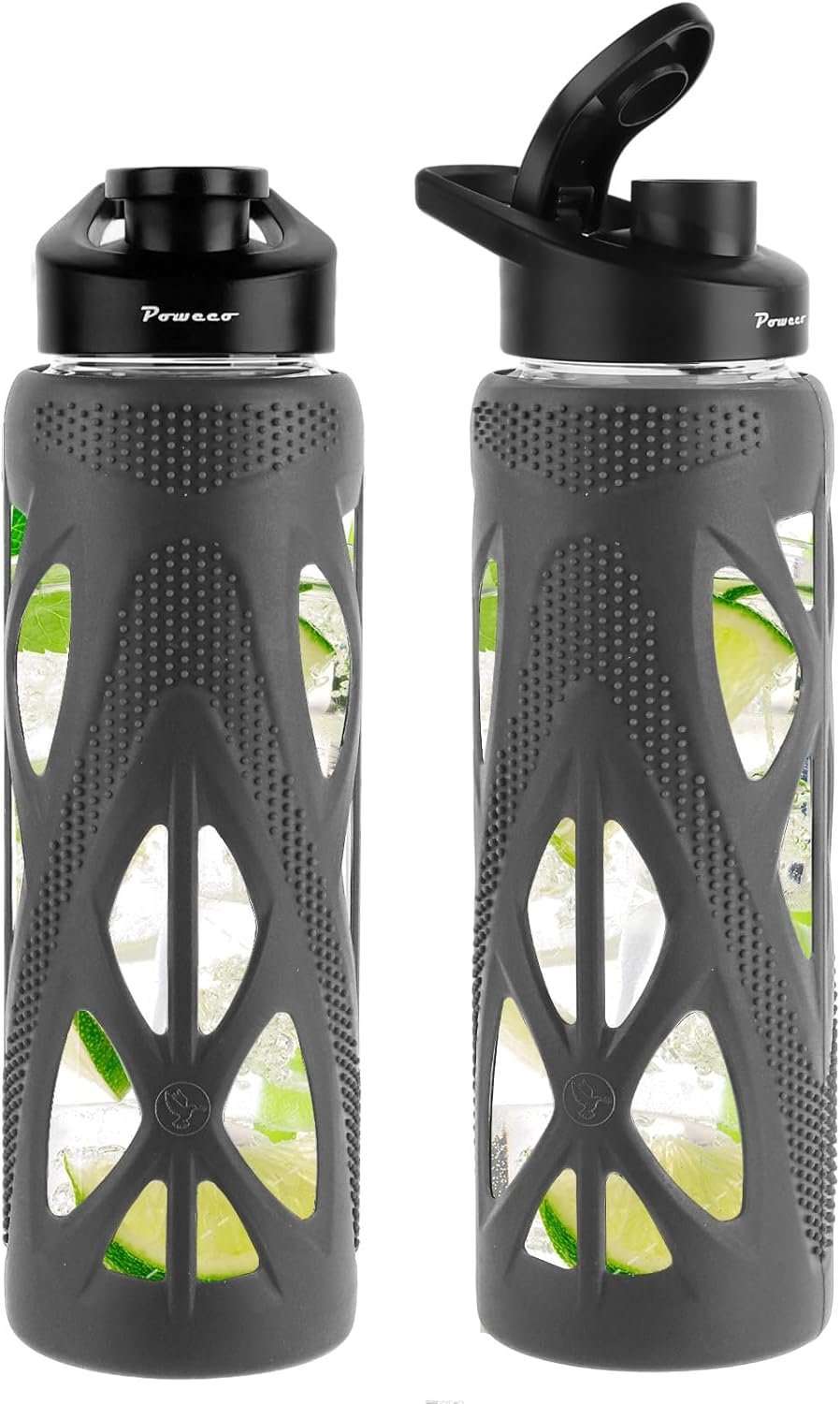 24 oz Glass Water Bottles with Silicone Sleeve and Flip Lid – Borosilicate Glass, Leakproof, BPA-Free, Perfect for Coffee, Tea and Water (Grey)