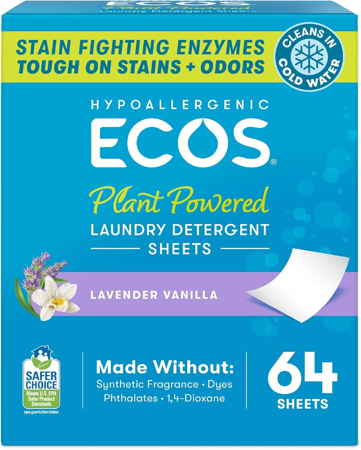 ECOS Laundry Detergent Sheets Vegan, No Plastic Jug, No Mess, Liquid Free – Hypoallergenic, Plant Powered Laundry Detergent Sheet – Lavender Vanilla – 64 Count (Pack of 1)