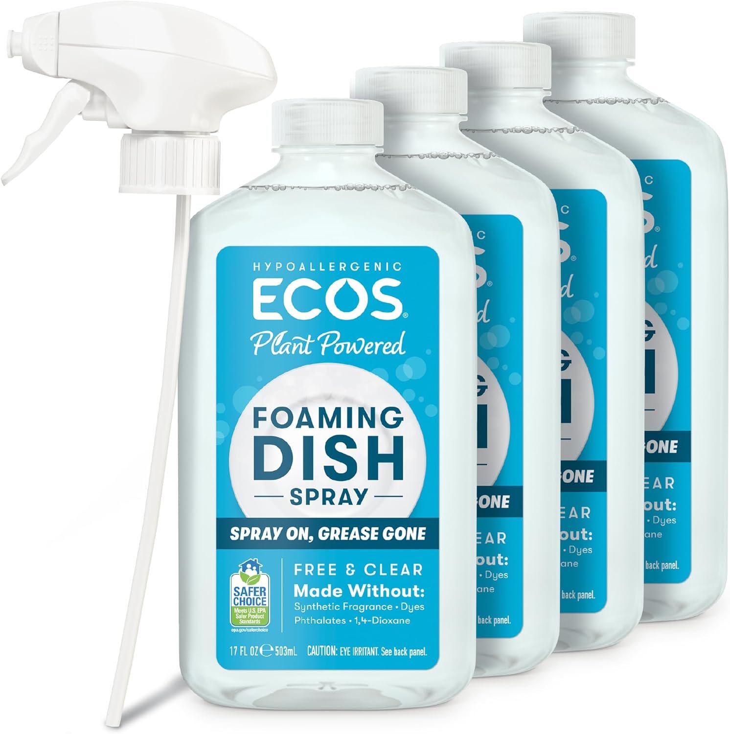 ECOS Foaming Dish Soap, Powerful Spray-On Formula, Saves Water, Wipe & Rinse Dish Cleaner – Hypoallergenic – Free & Clear, 17 Fl Oz (Pack of 4)
