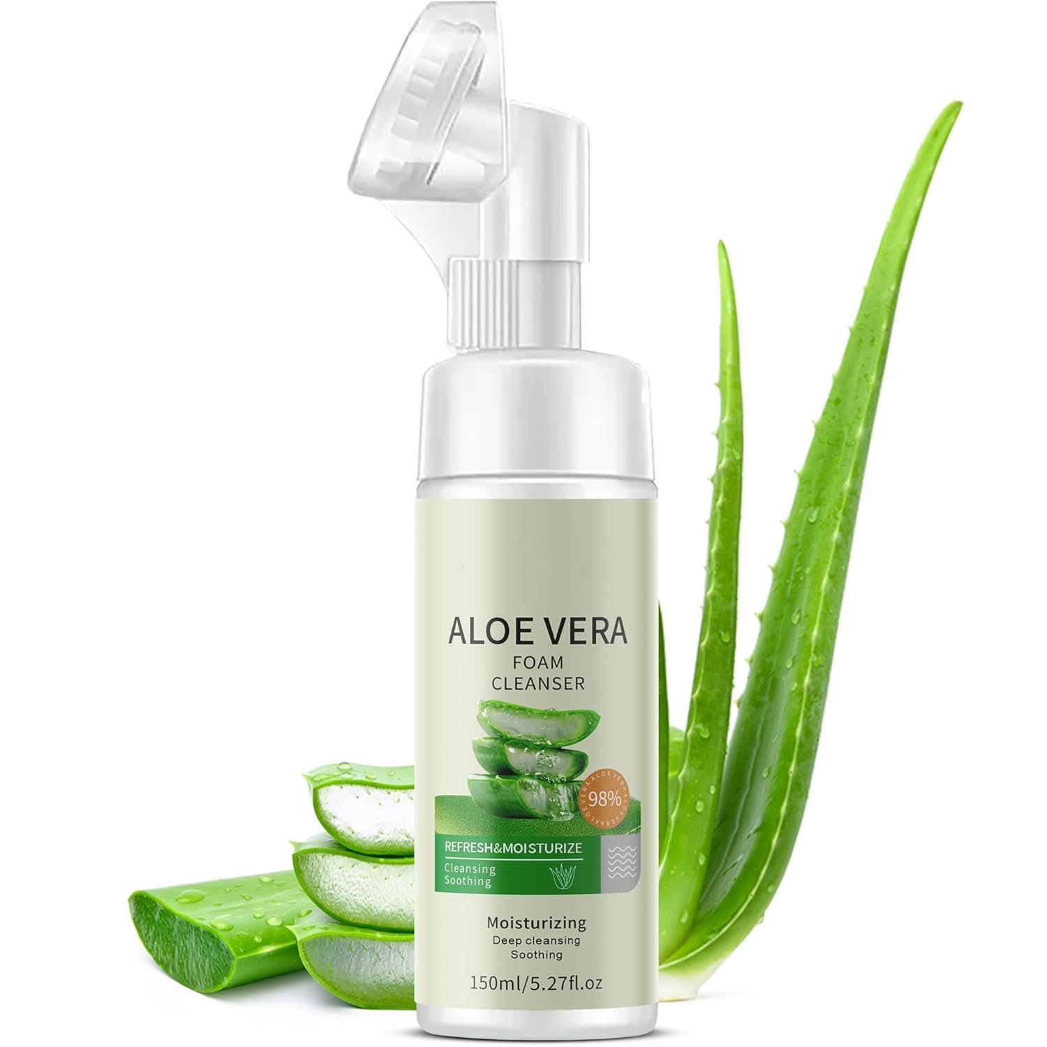 Soothing and Deep Cleansing Foaming Cleanser with Brush | Premium Face Wash for All Skin Types with Aloe Vera and Amino Acid | Fragrance Free Paraben Free | 5.27 Fl Oz (Aloe)