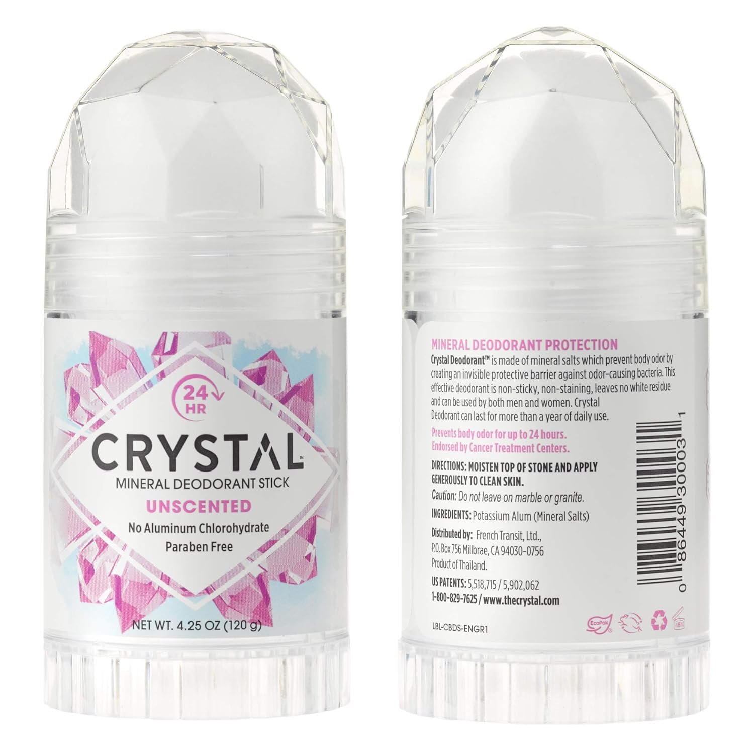 CRYSTAL Mineral Deodorant Stick – Unscented Body Deodorant With 24-Hour Odor Protection, Non-Staining & Non-Sticky, Aluminum Chloride & Paraben Free, 4.25 oz, (2 Pack) (Packaging May Vary)