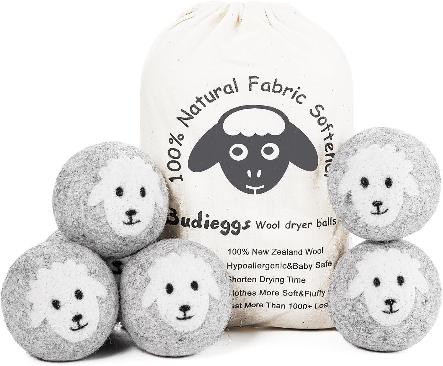 Budieggs Wool Dryer Balls Organic XL 6-Pack | 100% New Zealand Wool, Chemical-Free Natural Fabric Softener | Baby Safe, Hypoallergenic, Reduces Static & Drying Time | Lasts 1000+ Loads