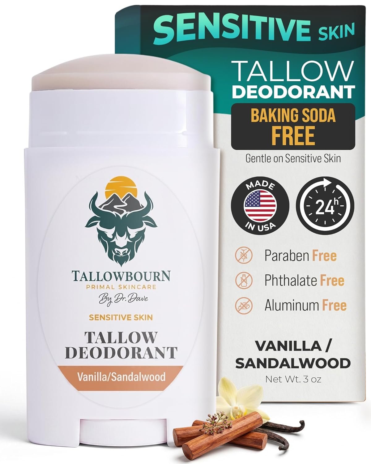 Sensitive Skin Tallow Deodorant – Magnesium Hydroxide Formula, Aluminum and Baking Soda Free Deodorant for Men and Women, Gentle Odor Protection, Vanilla Sandalwood Scent, 3 oz