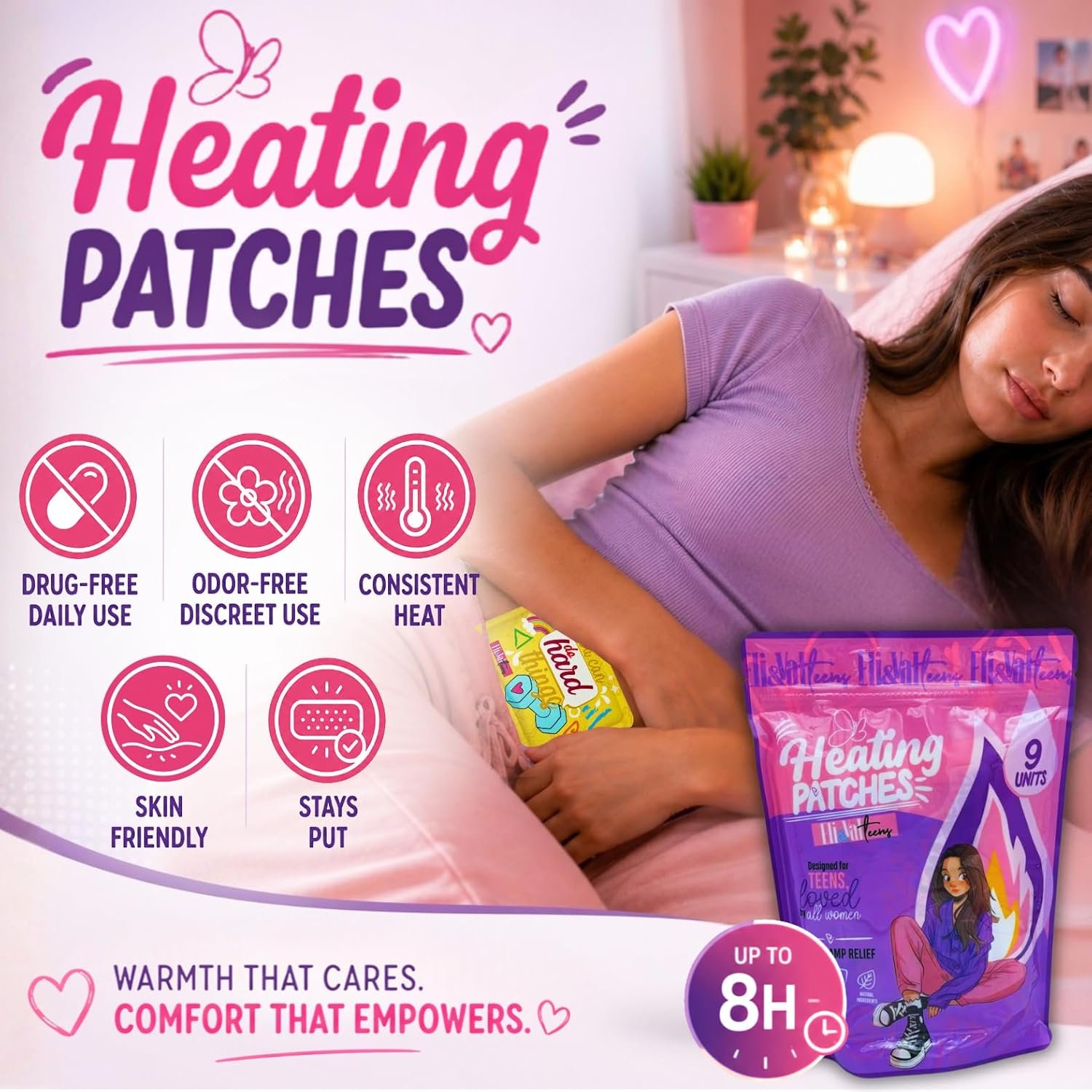 ELI&VAL Heating Patches for Period & Menstrual Cramps (9 Count) – Disposable Stick-On Heat Pads for Teens, Tweens & Women – Portable Period Kit Essentials – Natural, Ultra-Thin, Up to 8 Hours