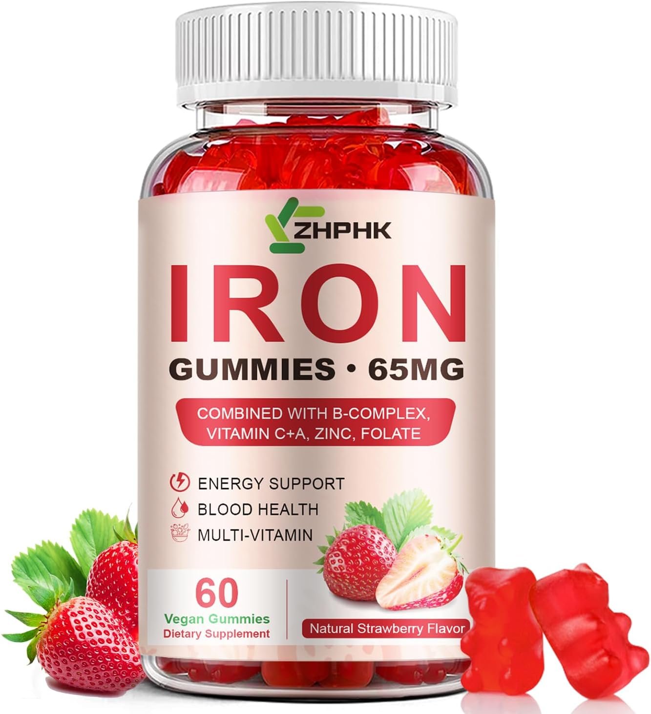 ZHPHK Iron Supplement Gummies, 65mg Iron for Women Men Kids, Natural Vegan Iron Gummy with Folate Gentle on Stomach, Gluten Free, Energy Support & Immune Health, 60 Gummies
