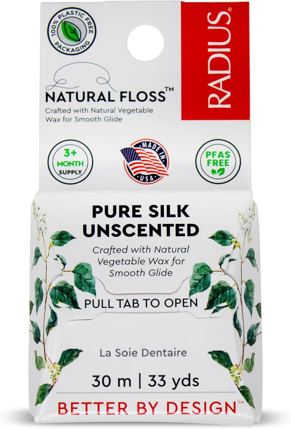 RADIUS Natural Silk Dental Floss, Now 30% Thinner for Smooth Glide in Tight Teeth, Hand-Spun Silk Infused with Coconut Oil, Plastic-Free & Sustainable Packaging, Unscented, 33 YD – Pack of 1