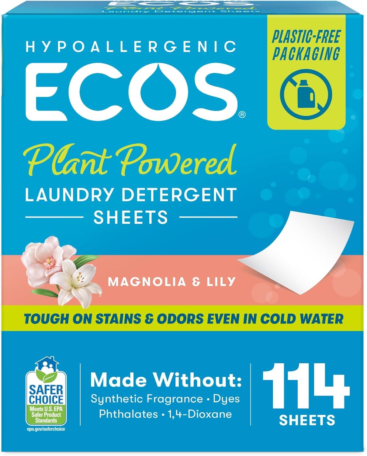 ECOS Laundry Detergent Sheets Vegan, No Plastic Jug, No Mess, Liquid Free – Hypoallergenic, Plant Powered Laundry Detergent Sheet – Magnolia & Lily – 114 Count (Pack of 1)