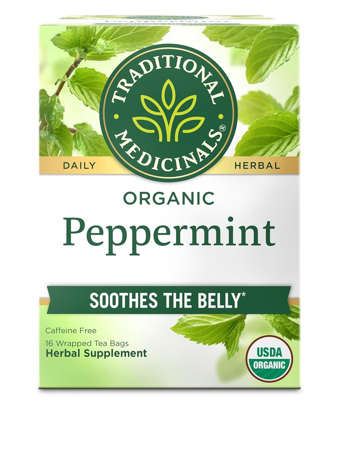 Traditional Medicinals Organic, Peppermint Tea – Helps Soothe Belly from Occasional Gas and Bloating – Kosher, Non-GMO, Caffeine-Free, Compostable – 16 Tea Bags