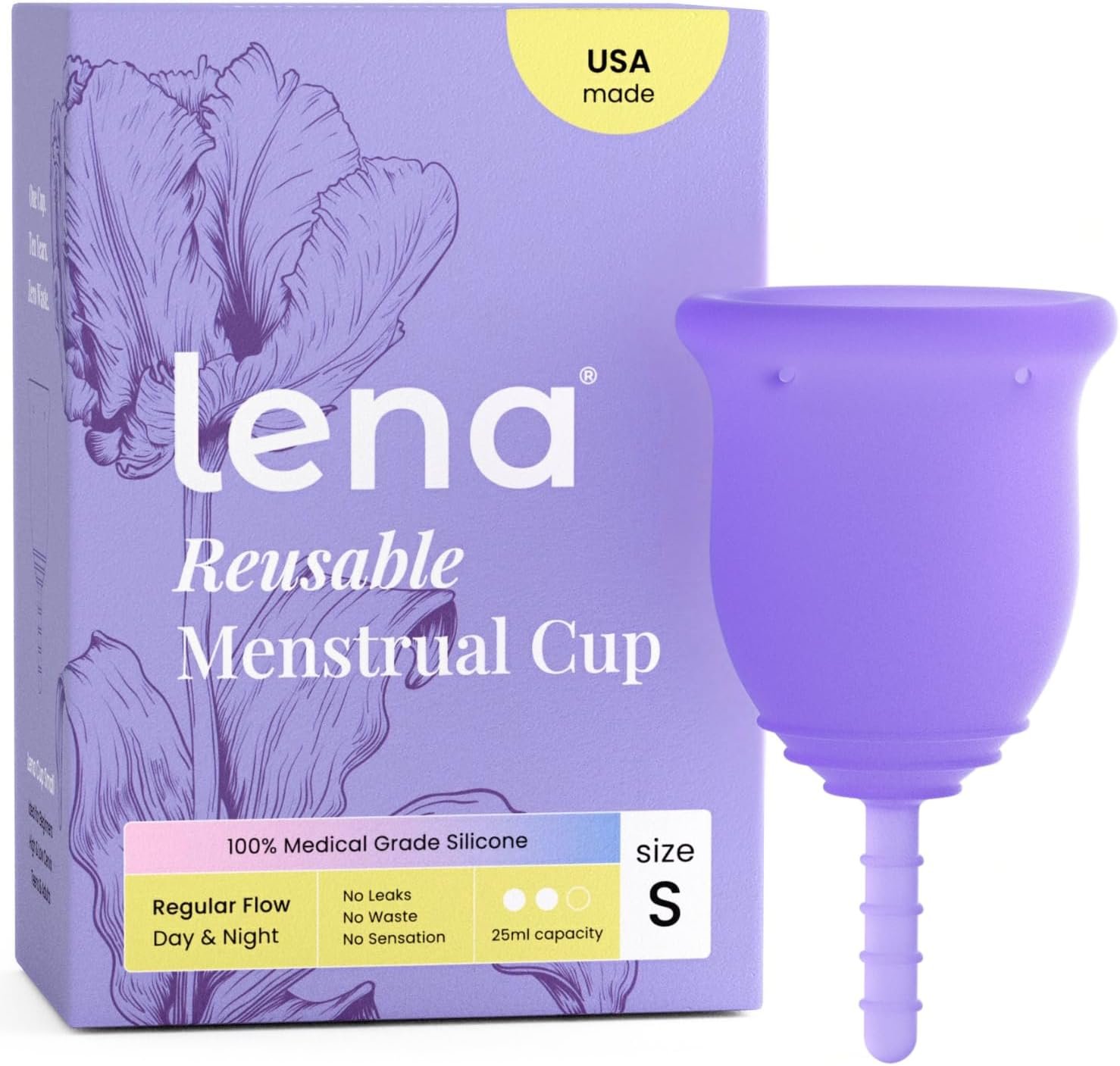 Lena Menstrual Cup Original – Soft Reusable Medical-Grade Silicone Period Cups for Women, Comfortable 12-Hour Leak-Free Protection, Beginner-Friendly Feminine Care – Small, Purple
