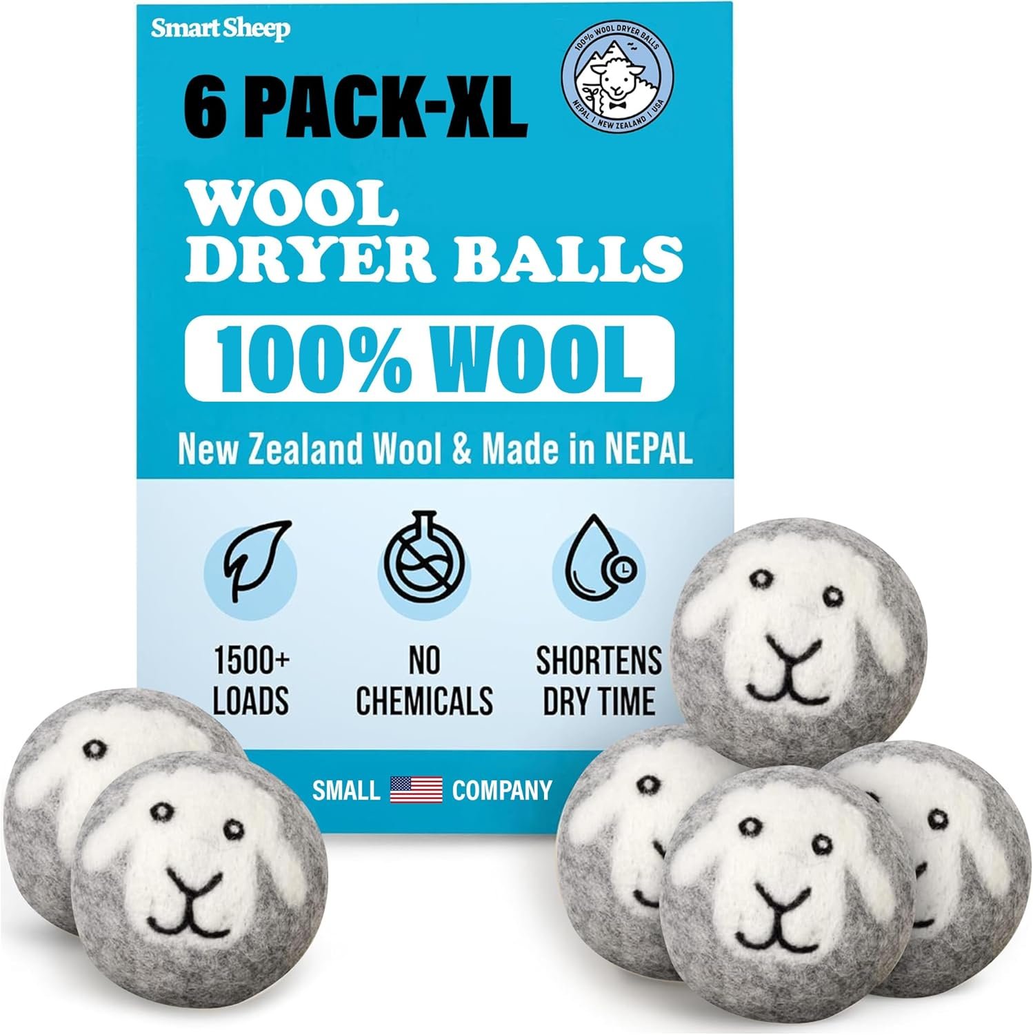Smart Sheep Wool Dryer Balls – 6-Pack – XL Premium Natural Fabric Softener Award-Winning – Wool Balls Replaces Dryer Sheets – Wool Balls for Dryer – Laundry Balls for Dryer