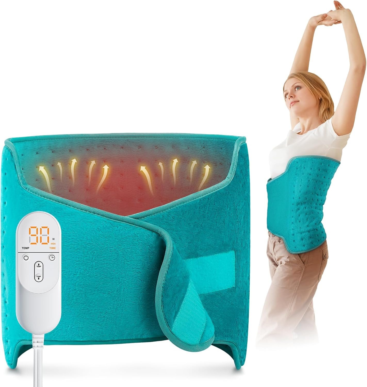 Heating Pad for Back, Heating Pad for Period Cramps/Waist/Stomach with Belt, Mothers Day Gifts for Mom Wife Grandma, Birthday Gifts for Women Men, 6 Heat Settings, 4 Auto-Off, Blue Green