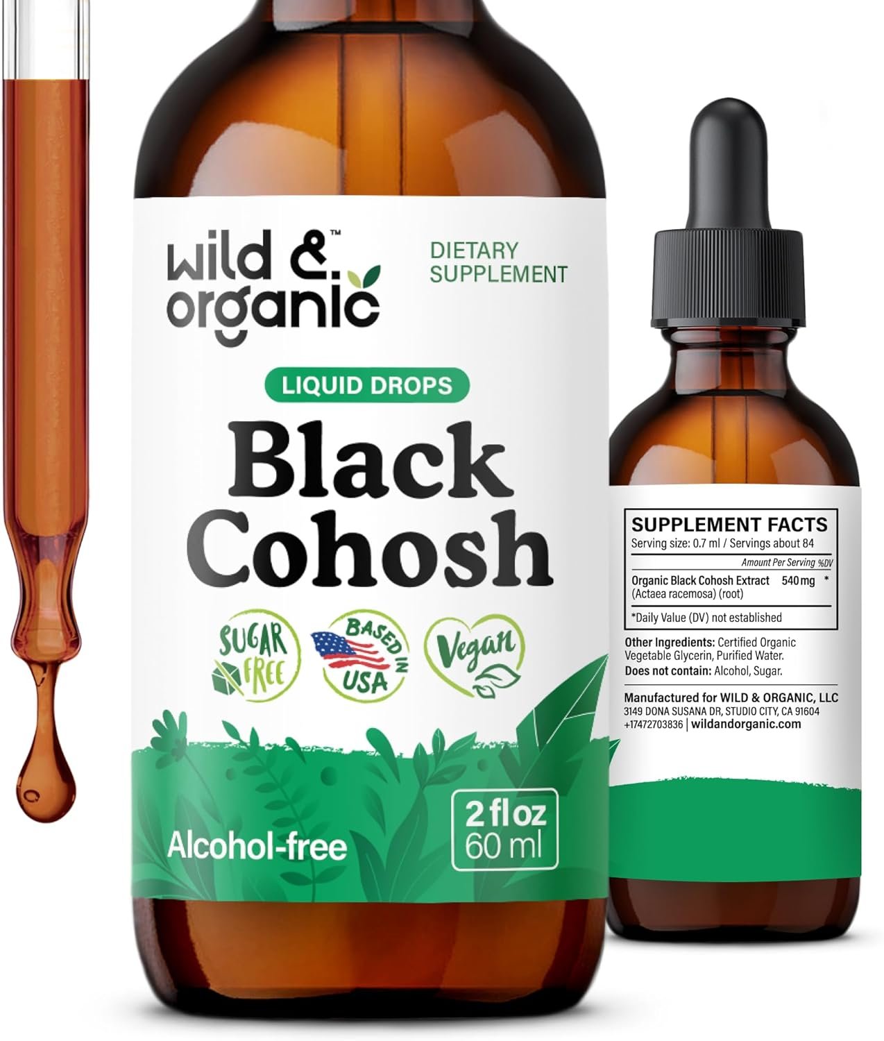 Wild & Organic Black Cohosh Supplements – Menopause Supplements for Women – 540 mg Black Cohosh Root Extract Tincture – Add to Tea Drops – 5-Month Supply – Vegan, Sugar & Alcohol-Free – 2 fl oz