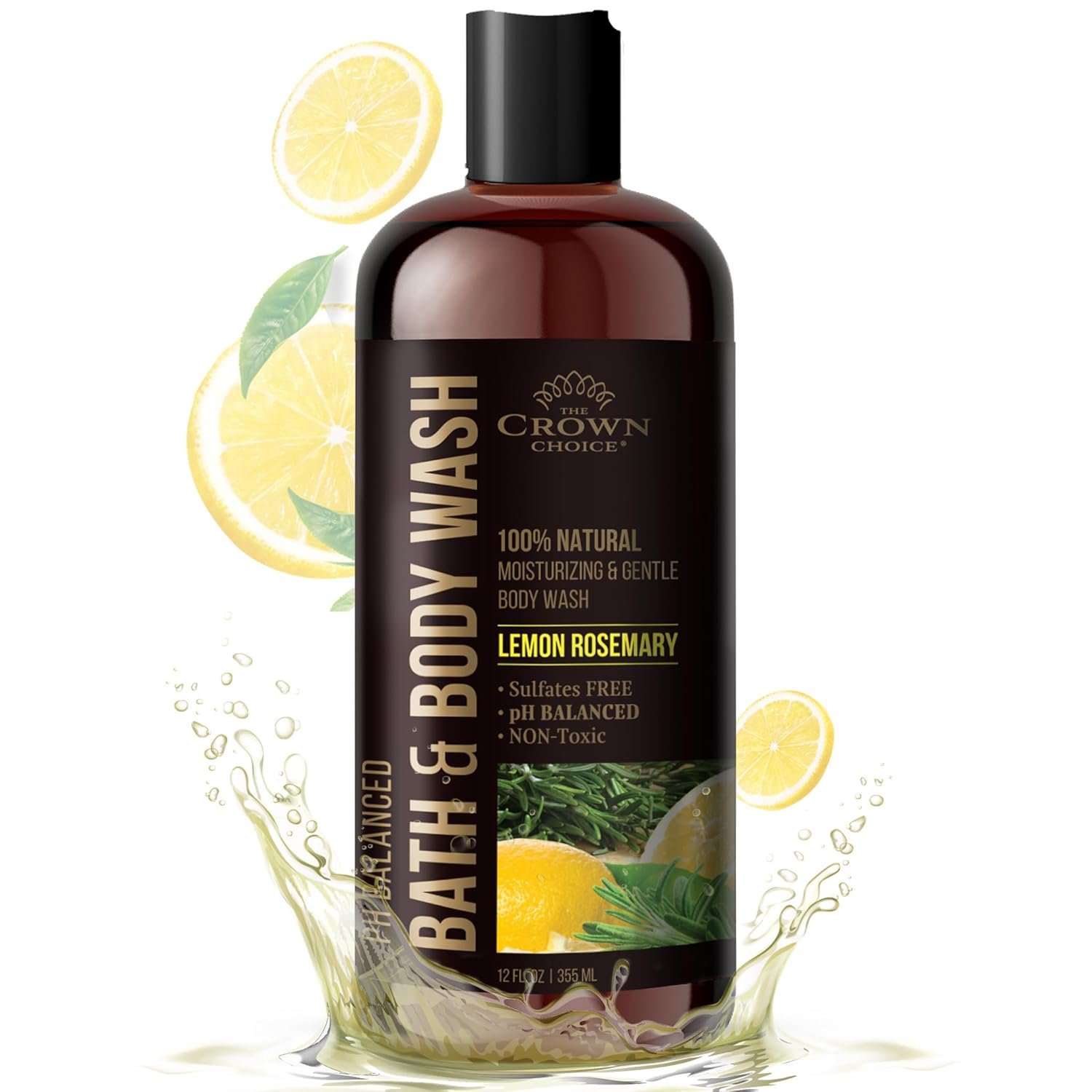 Natural Body Wash for Women, Men & Kids – Organic Lemon Rosemary – 12oz pH 5.5-Best pH Balance-Liquid Soap for All Skin Types-Moisturizing Sulfate & Chemical Free Shower / Bath Liquid Gel (1 PK)