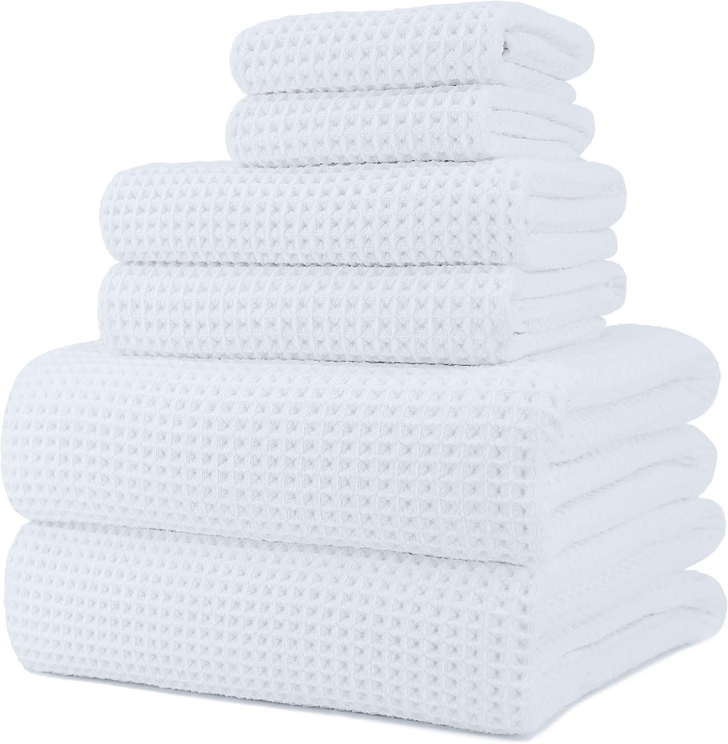 POLYTE 430 GSM Microfiber Quick Dry Lint Free Oversize Bath Towel Set, 6 Piece (Waffle Weave)