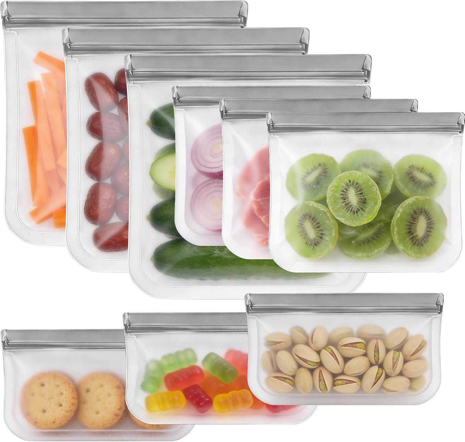 9 Pack Reusable Silicone Food Storage Bags – Freezer & Dishwasher Safe Leakproof Reusable Bags, Freezer Storage Bags Sets – 3 Gallon 3 Snack 3 Sandwich Bags