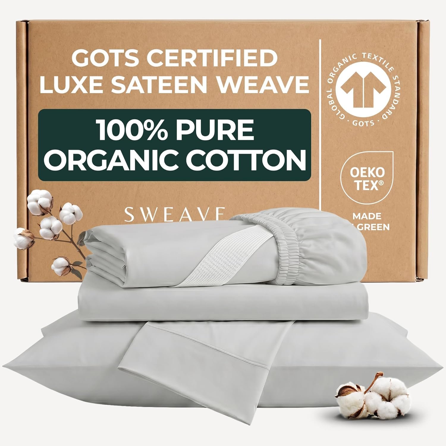 100% GOTS Certified Organic Cotton Sheets King Size – Luxurious 415 Thread Count, Oeko-Tex Certified, Silky Sateen Weave with Hemstitch, 16″ Deep Pockets, 360 Double-Elastic & 4 Corner Straps