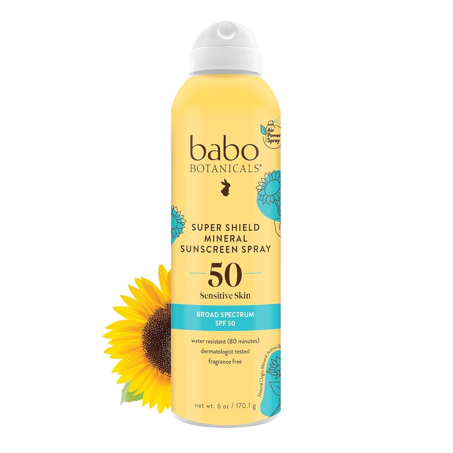 Babo Botanicals Super Shield Mineral Sunscreen Spray SPF 50 with natural origin zinc oxide & titanium dioxide. Sensitive skin, vegan, fragrance-free, water resistant, air-powered spray – For all ages.