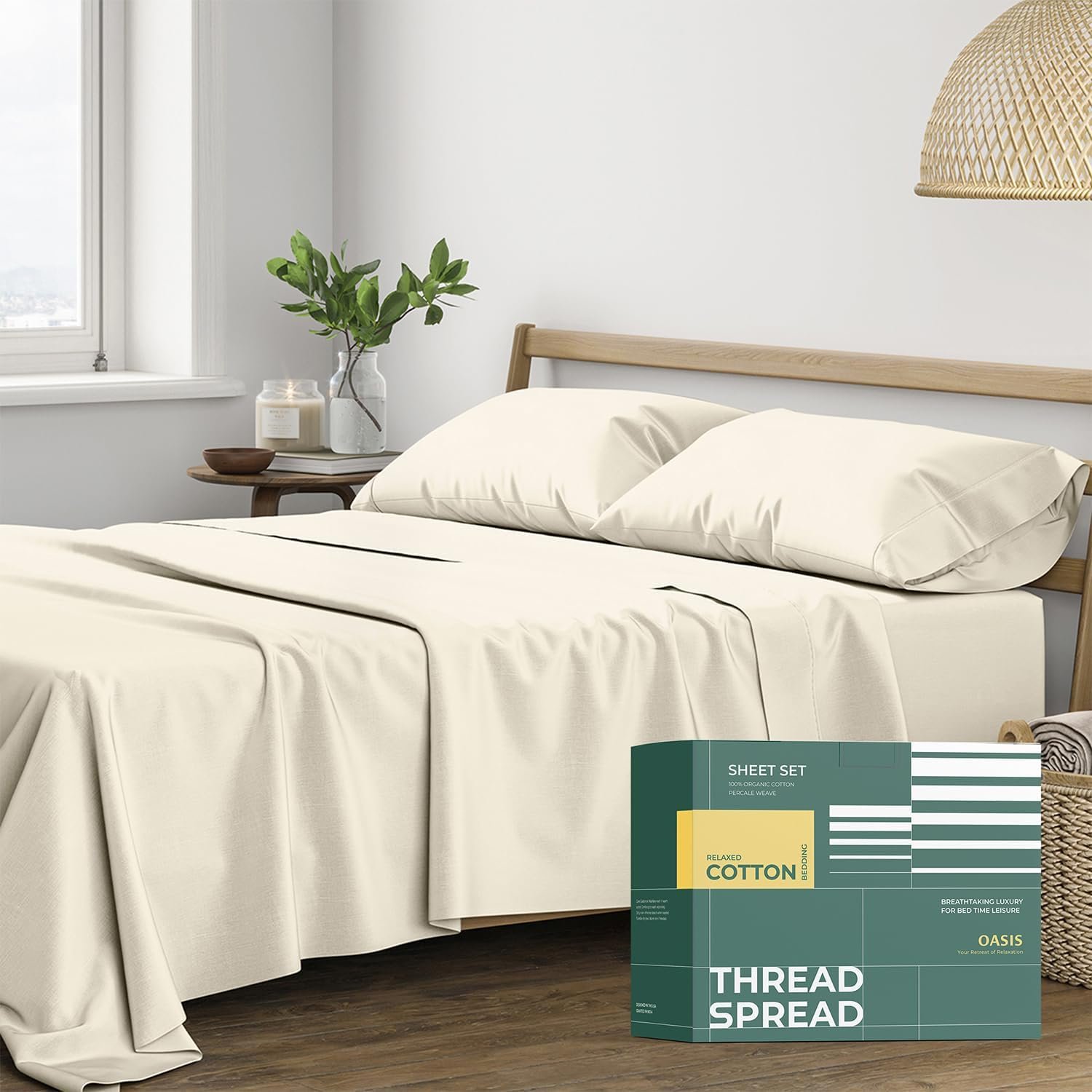 THREAD SPREAD 100% Organic Cotton Sheets King Size – 4 PC Organic Cotton King Percale Size Weave Sheet Set, Soft, Cooling, Crisp & Breathable, 16″ Deep Pocket Hotel Quality Bedding Set – Ivory
