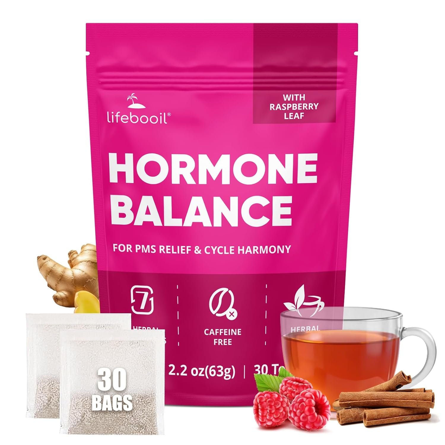 Lifebooil Hormone Balance Tea for Women | Caffeine-Free Herbal Tea with 7 Herbal Ingredients (Red Raspberry Leaf, Spearmint, Nettle, Ginger & More) | Menstrual Comfort & Hormonal Support – 30 Tea Bags
