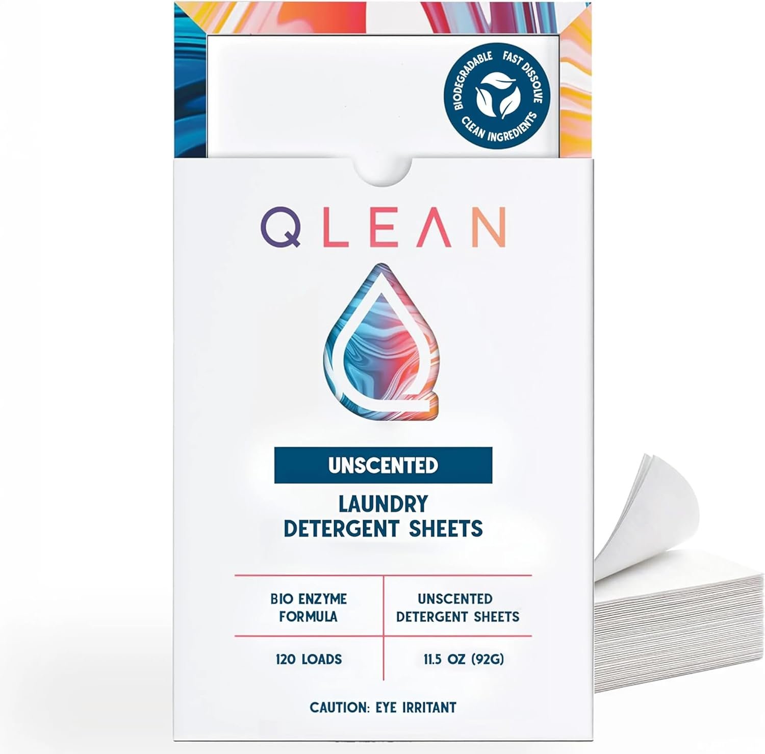 QLEAN Laundry Detergent Sheets Unscented (120 Loads) – Fragrance-Free Plant-Based Laundry Sheets for Sensitive Skin & Babies, Hypoallergenic, HE Compatible, Biodegradable Eco Detergent Strips