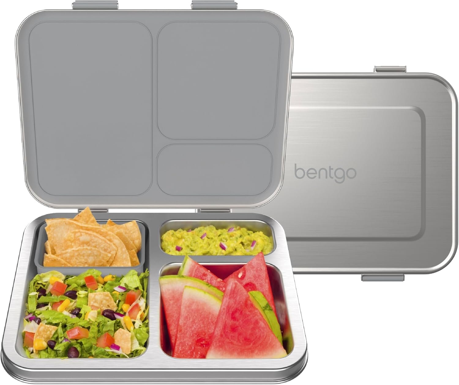 Bentgo Kids Stainless Steel Leak-Resistant Lunch Box – 3-Compartments with Bonus Silicone Container, Durable, Eco-Friendly, Dishwasher Safe, BPA-Free, Ideal for School, Ages 3+ (Silver)
